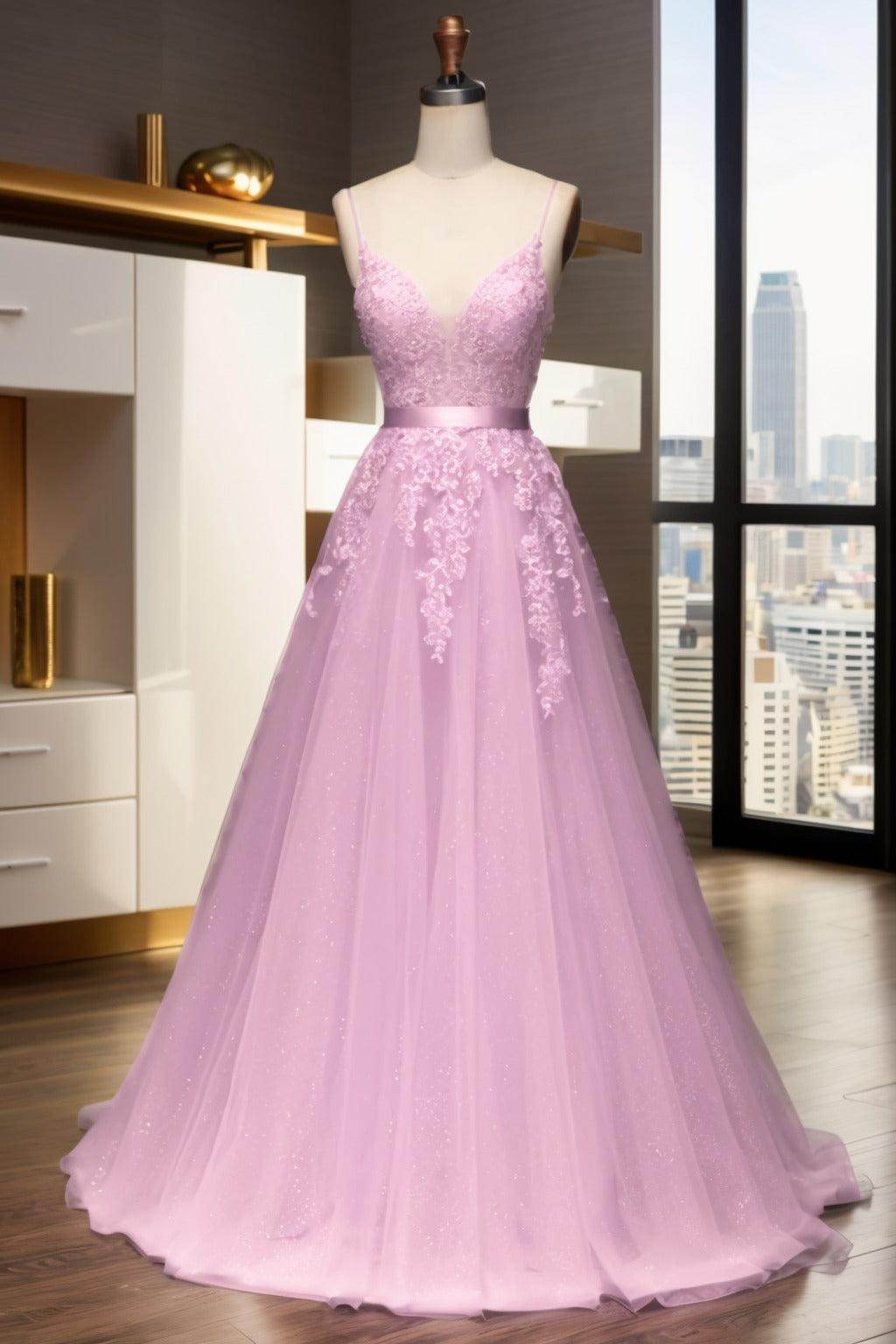 A-Line Sweep-Brush Train Tulle Prom Dress CS0464