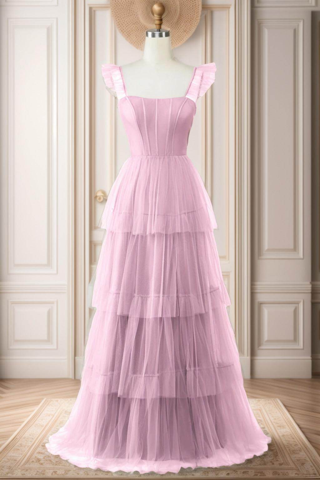 A-Line Sweep-Brush Train Tulle Prom Dress CS0471