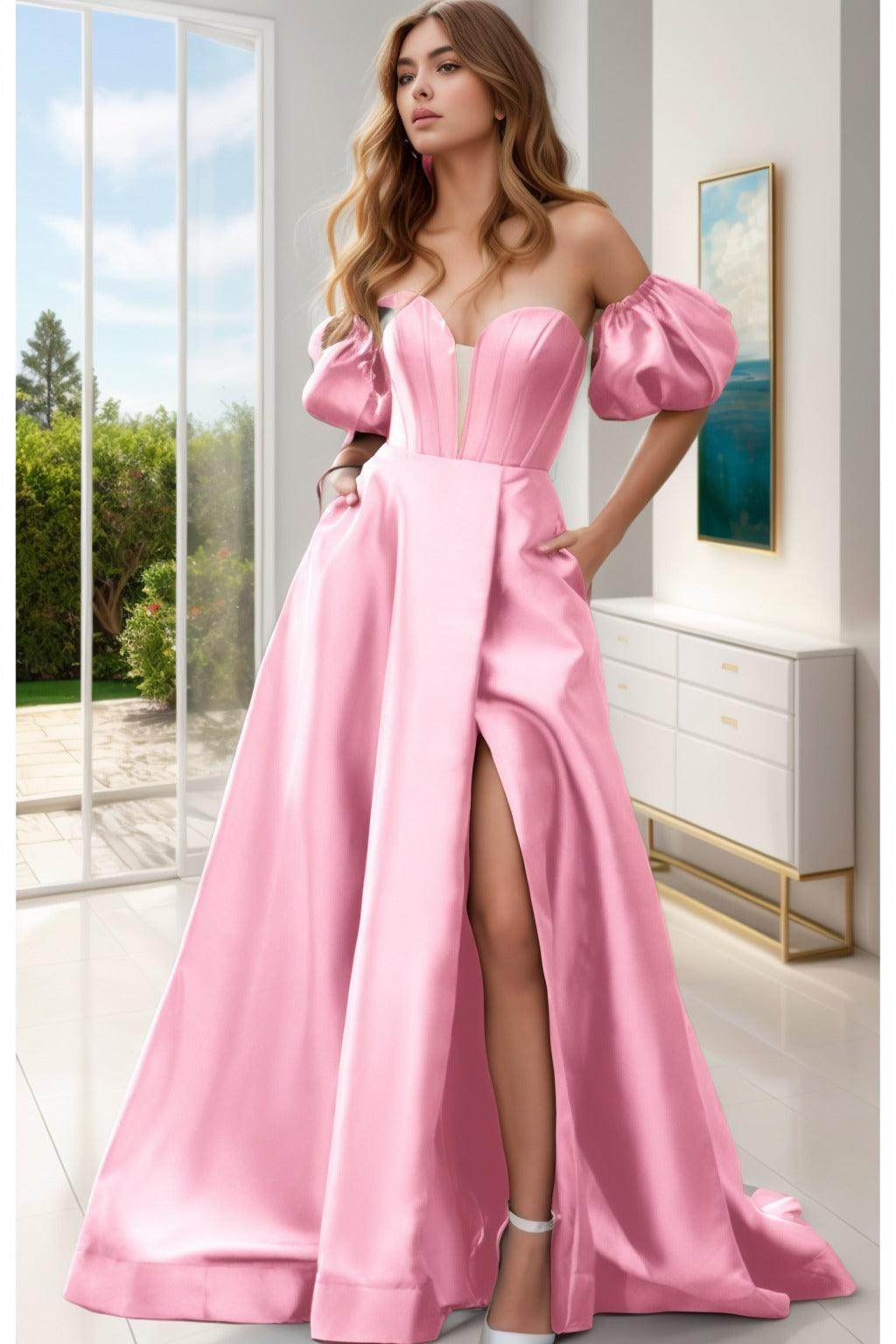 A-Line Sweep-Brush Train Satin Prom Dress CS0448