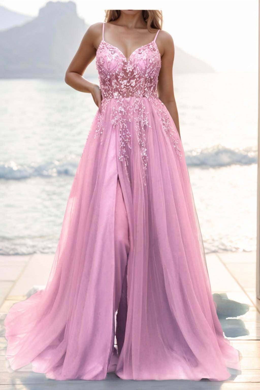 A-line Sweep-Brush Train Tulle Prom Dress CS0402