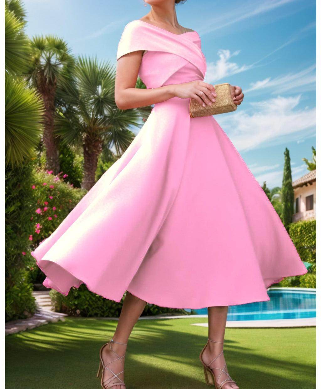 A-Line Tea Length Satin Prom Dress CS0455