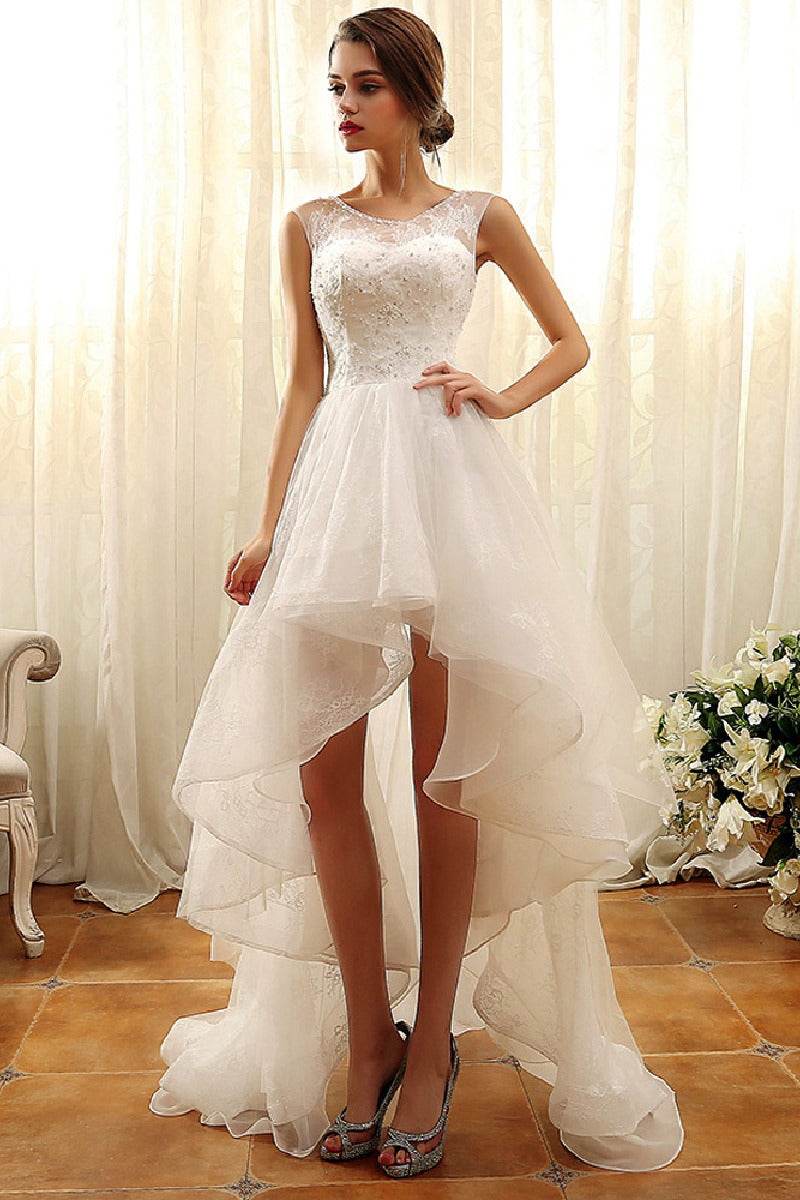 A-Line High-Low Lace Tulle Little White Dress 100045
