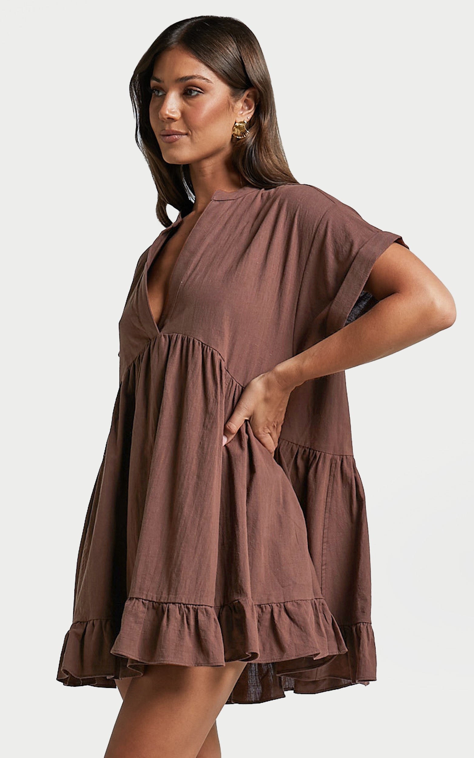 Calissa Mini Dress - Frill Hem Smock Dress in Chocolate