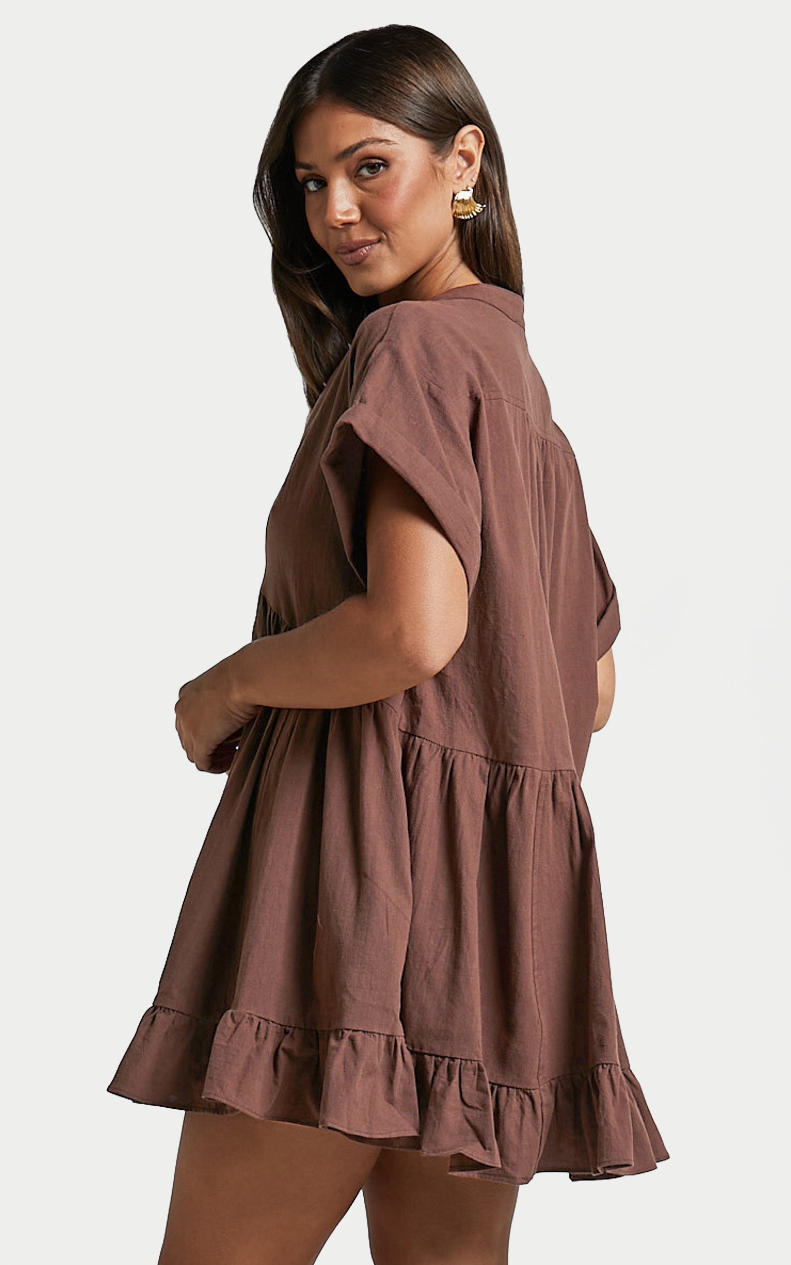 Calissa Mini Dress - Frill Hem Smock Dress in Chocolate