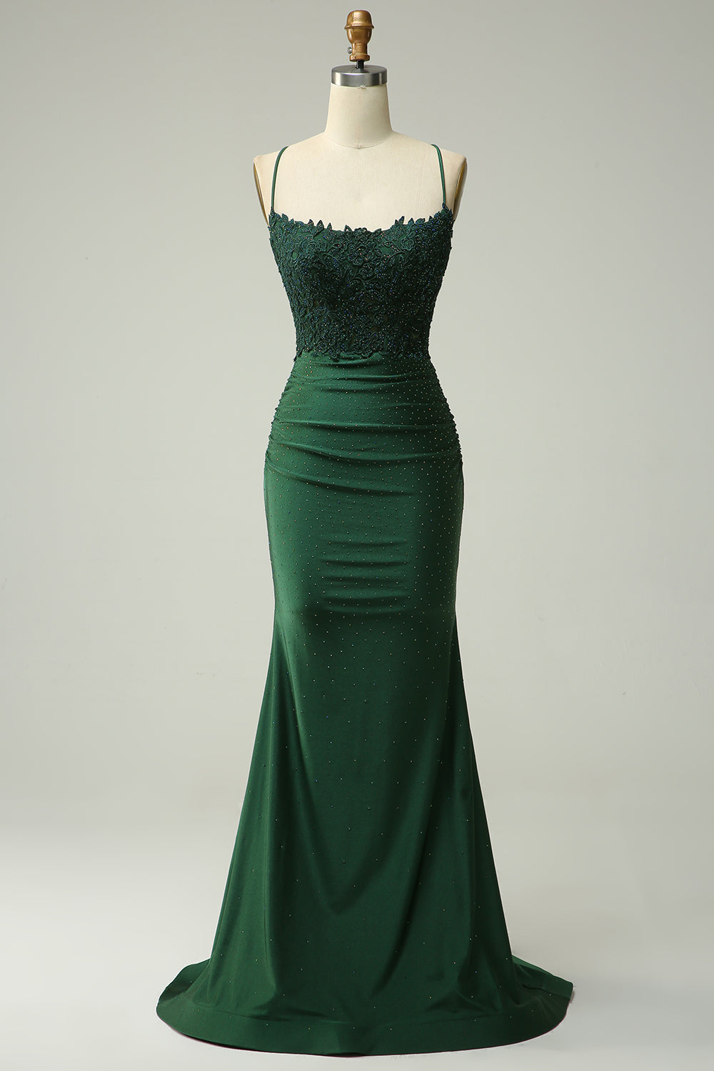Sparkly Mermaid Dark Green Satin Spaghetti Straps Prom Dress with Lace
