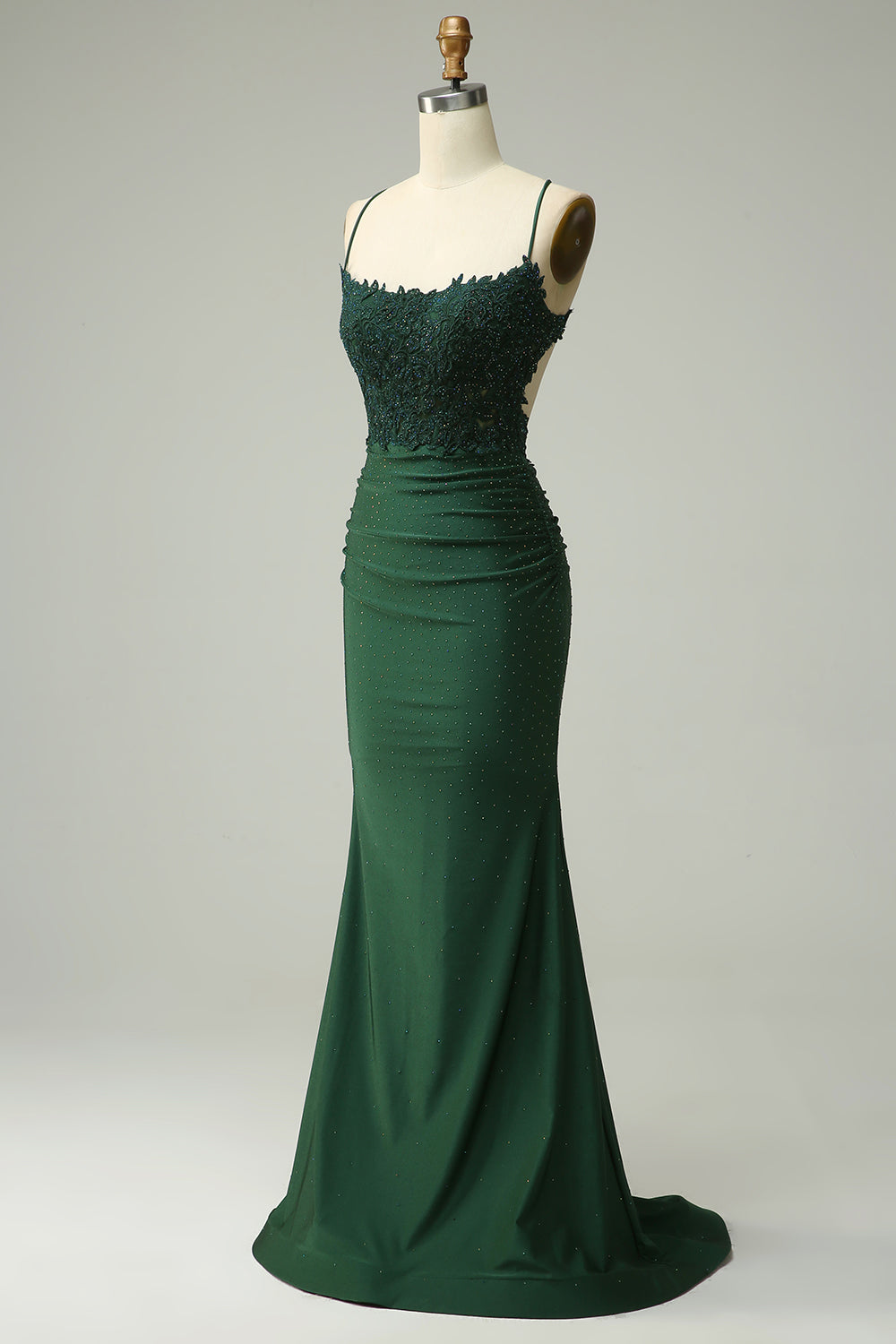 Sparkly Mermaid Dark Green Satin Spaghetti Straps Prom Dress with Lace