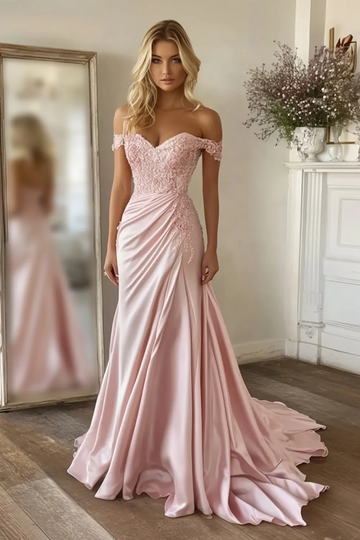Pink Mermaid Off the Shoulder Satin Long Prom Dress with Lace