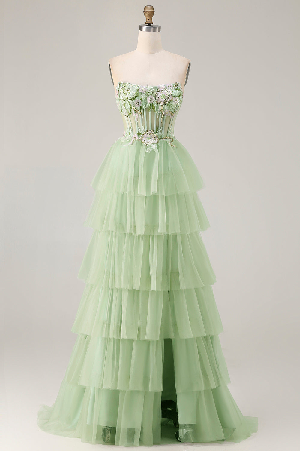 Sparkly Floral Fuchsia Tiered Beaded Long Corset Prom Dress with Slit