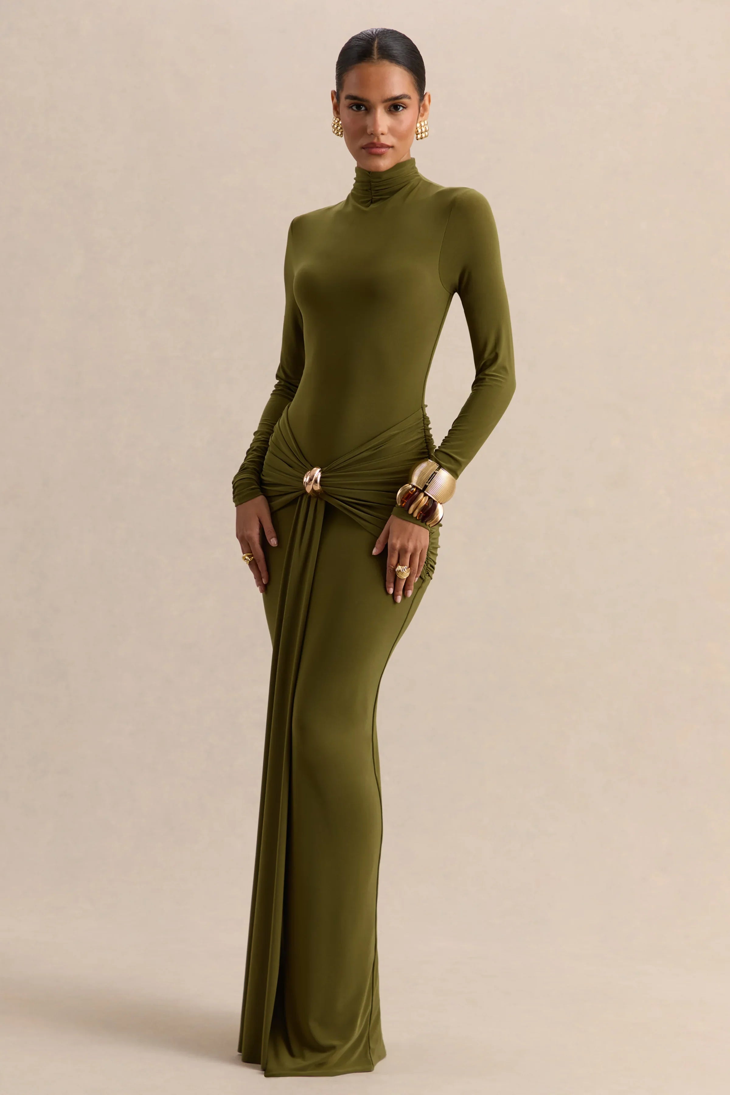 Ambrette | Olive High-Neck Maxi Dress With Gathered-Detailing