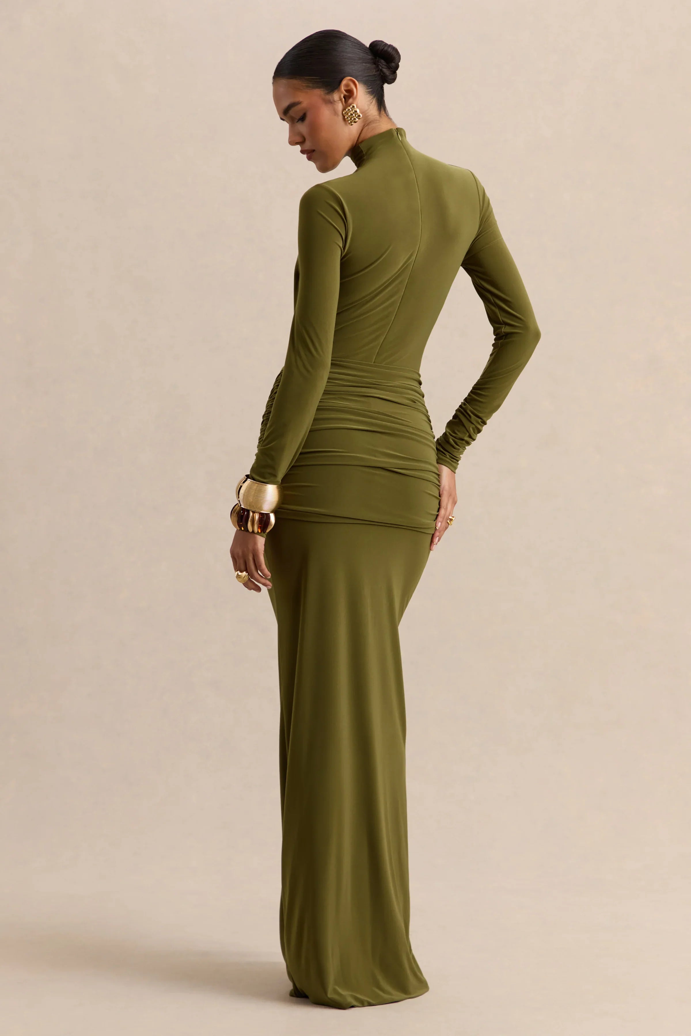 Ambrette | Olive High-Neck Maxi Dress With Gathered-Detailing