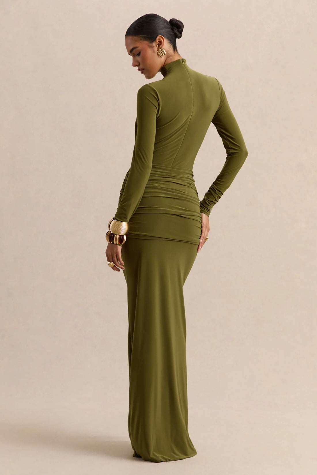 Ambrette | Olive High-Neck Maxi Dress With Gathered-Detailing