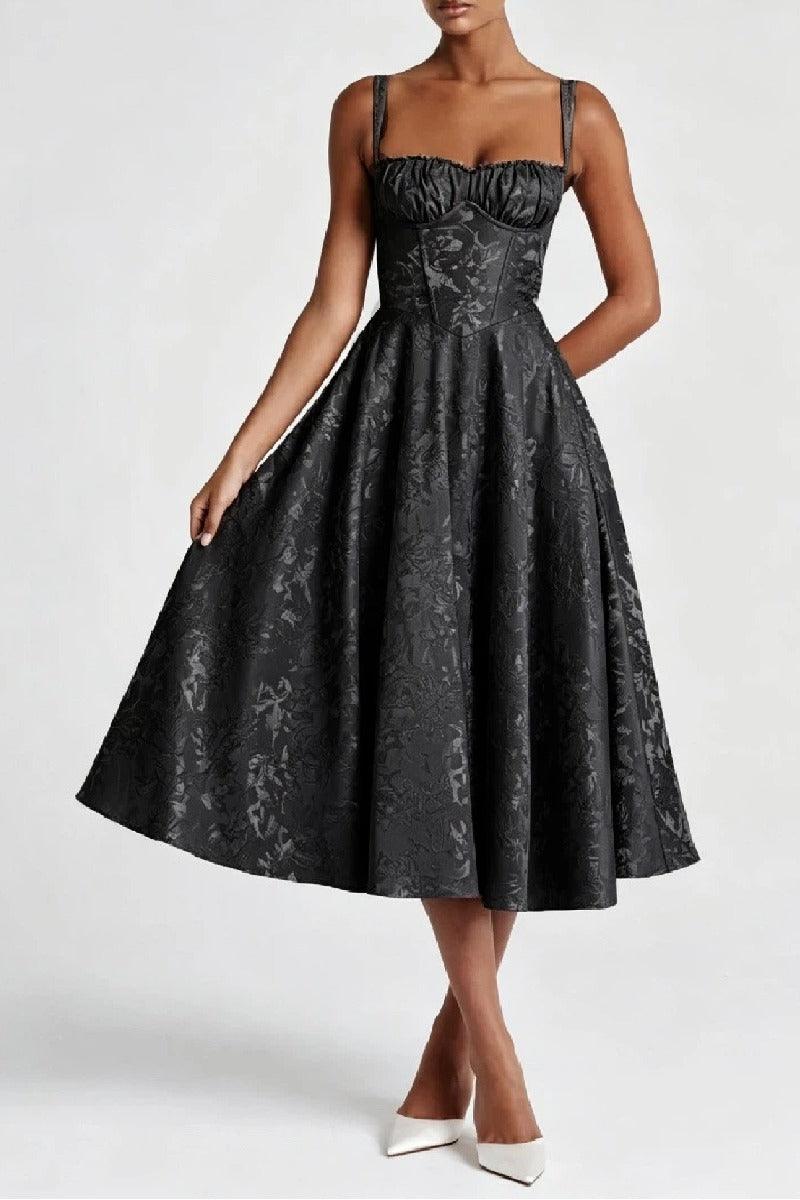 A-Line Tea Length Jacquard Satin Wedding Guest Dress 1038699395137