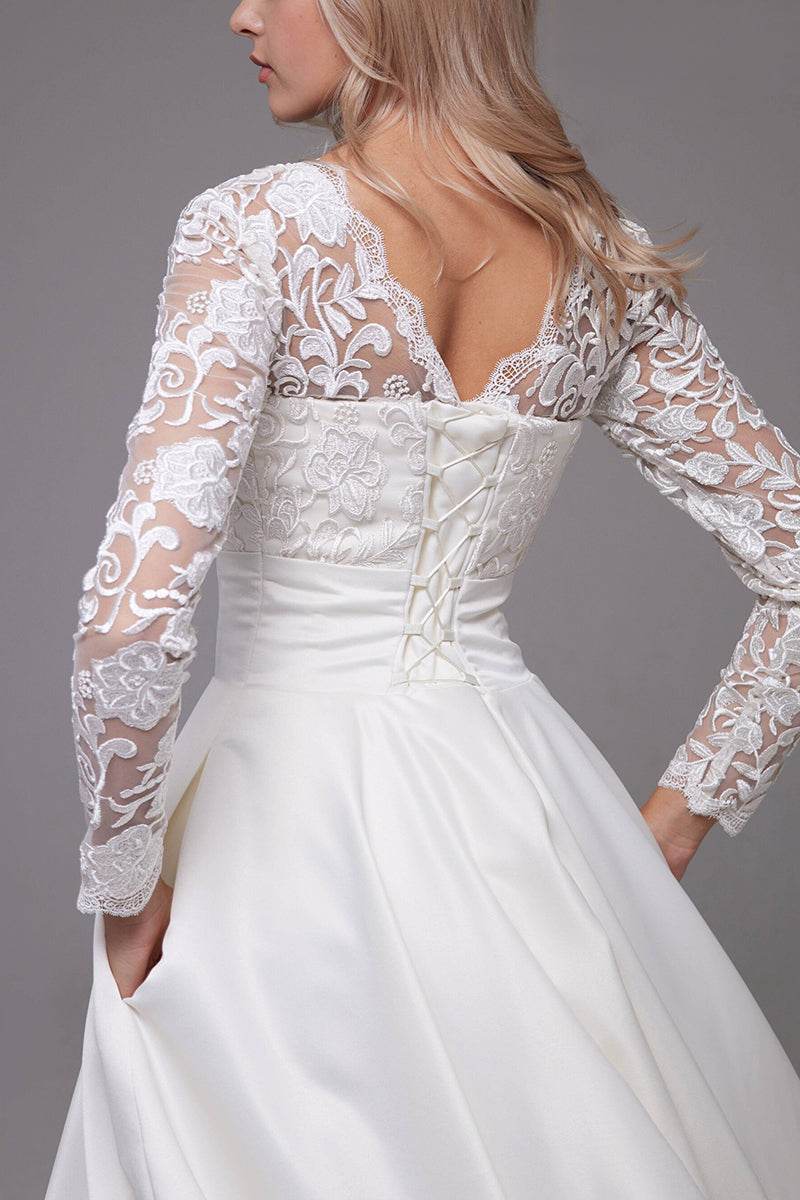 A-Line Tea Length Lace Satin Little White Dress 100017