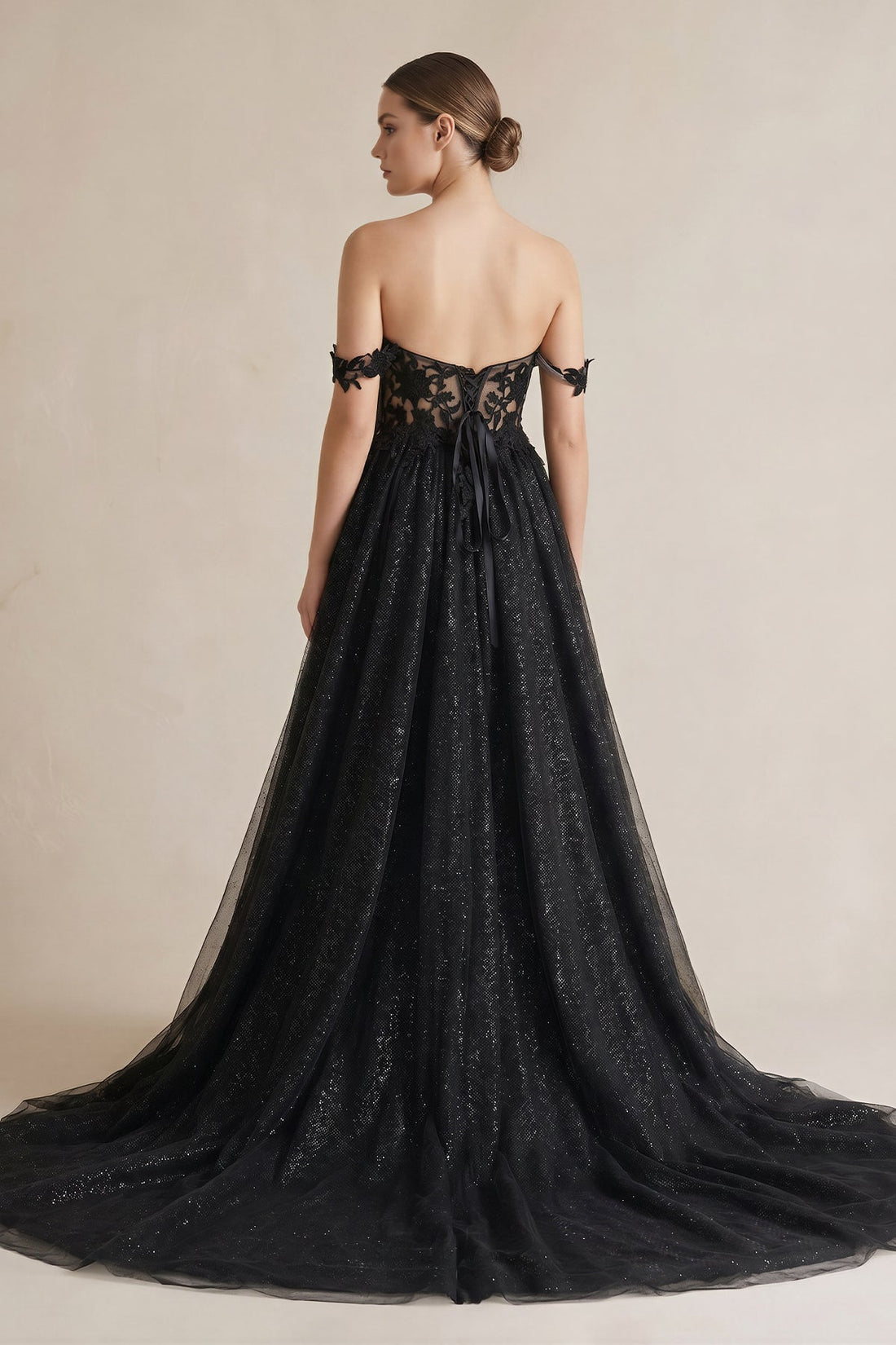 A-Line Black Gothic Wedding Dresses with Sequin Lace Appliques