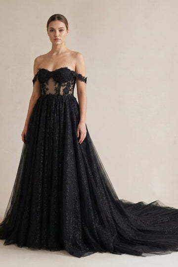 A-Line Black Gothic Wedding Dresses with Sequin Lace Appliques