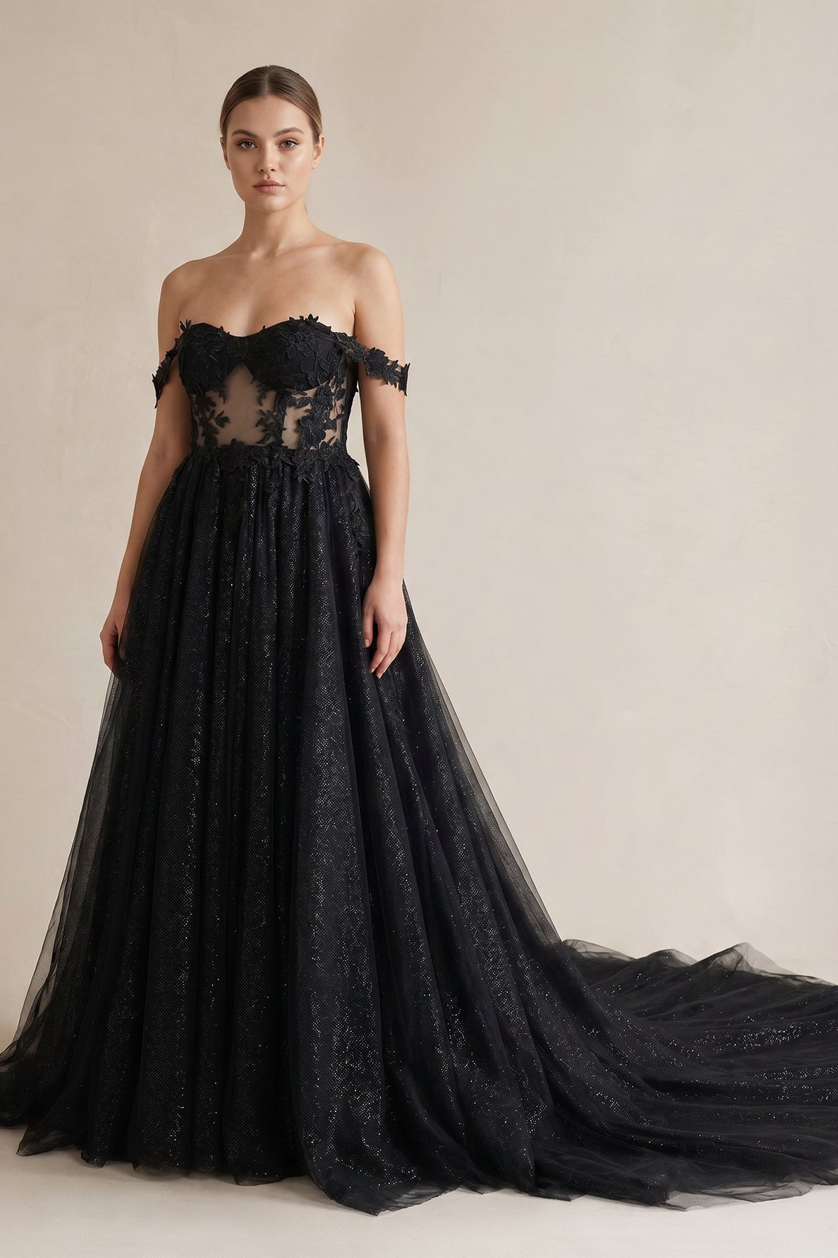 A-Line Black Gothic Wedding Dresses with Sequin Lace Appliques