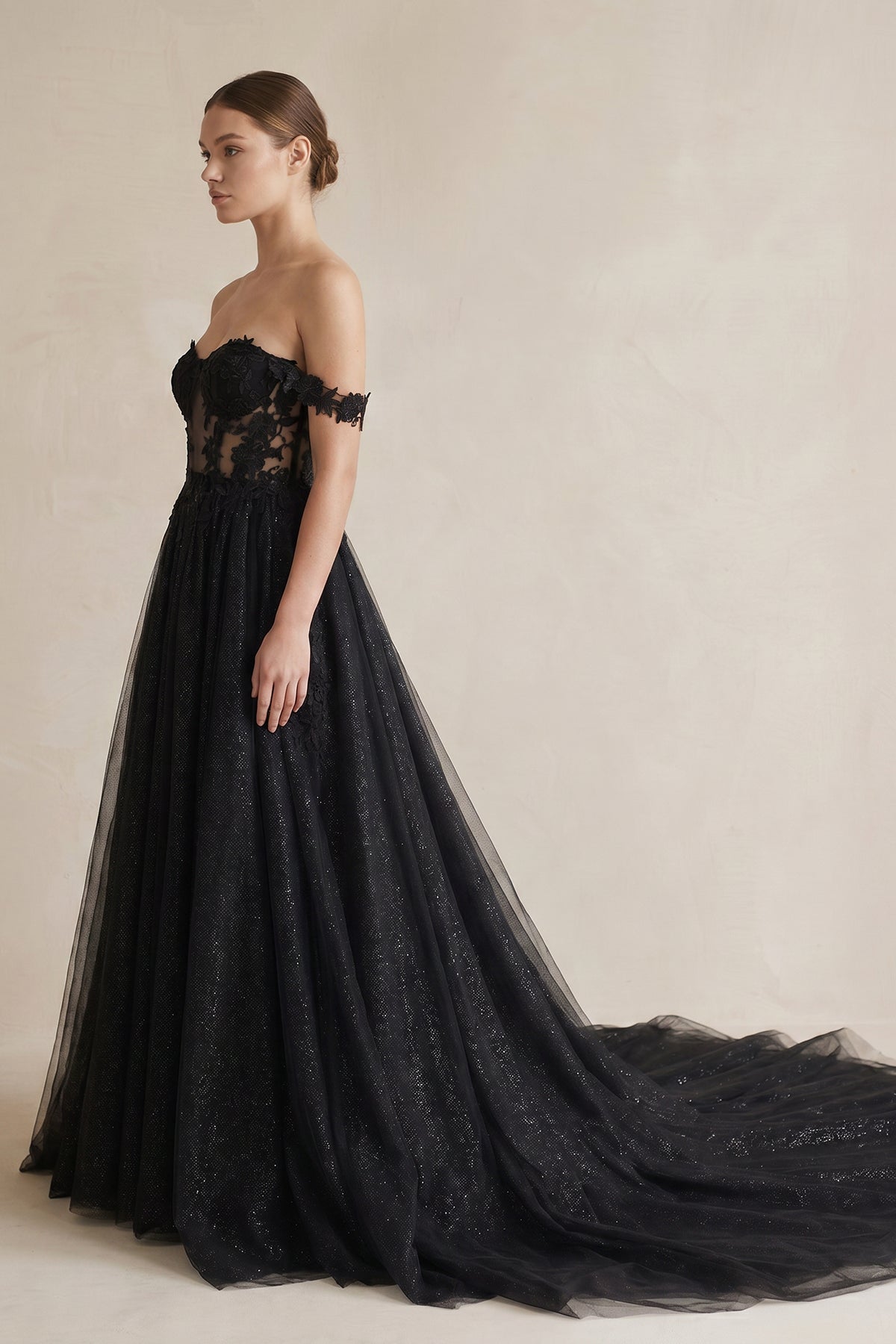 A-Line Black Gothic Wedding Dresses with Sequin Lace Appliques