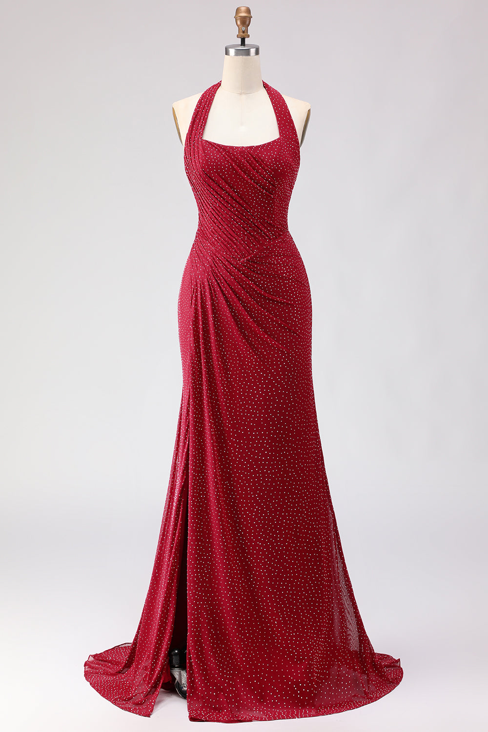 Sparkly Dark Red Beaded Mermaid Halter Long Prom Dress with Slit