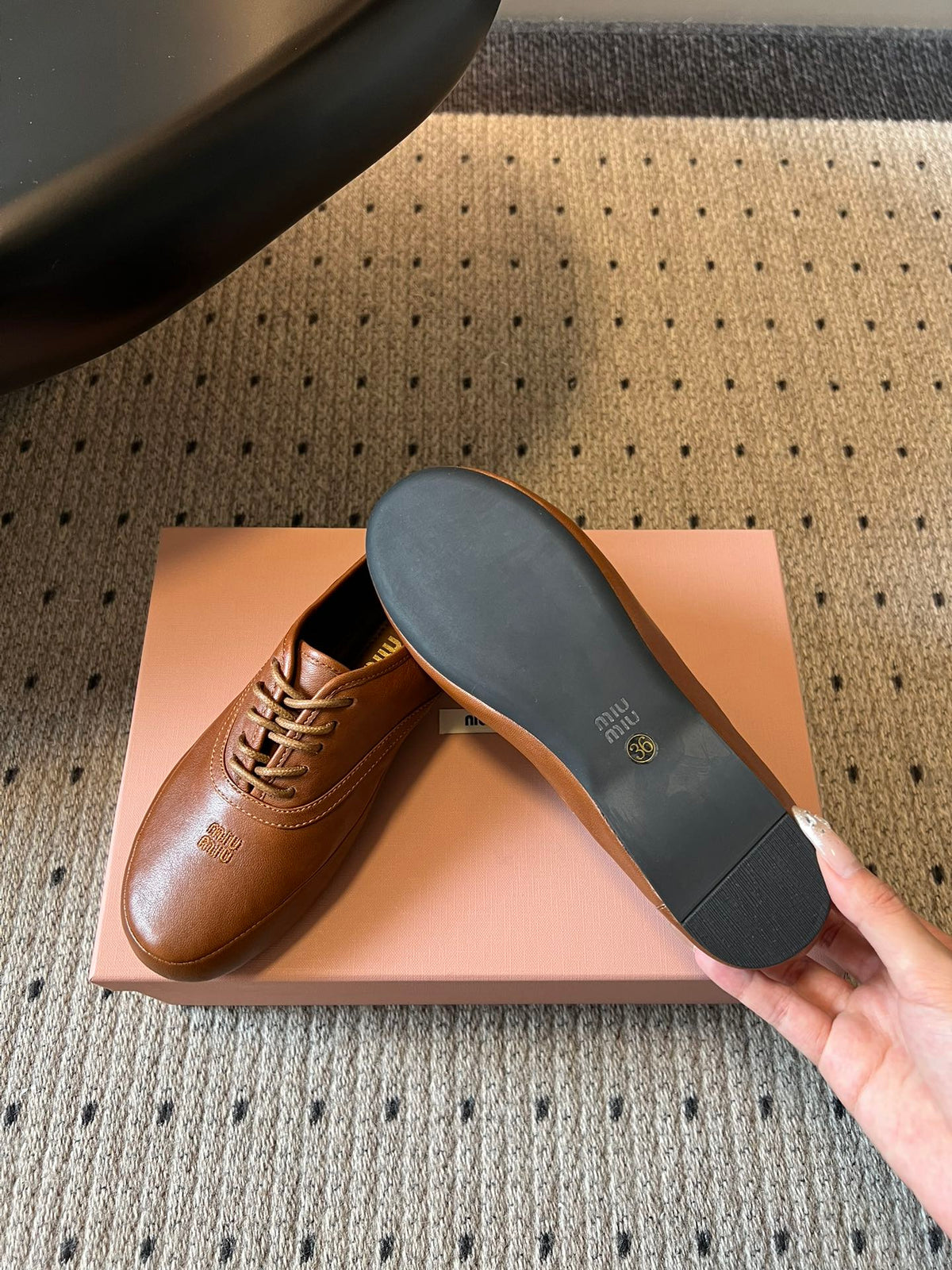 Miu 26s Lace-up Leather Shoes Camel Sheepskin 726837