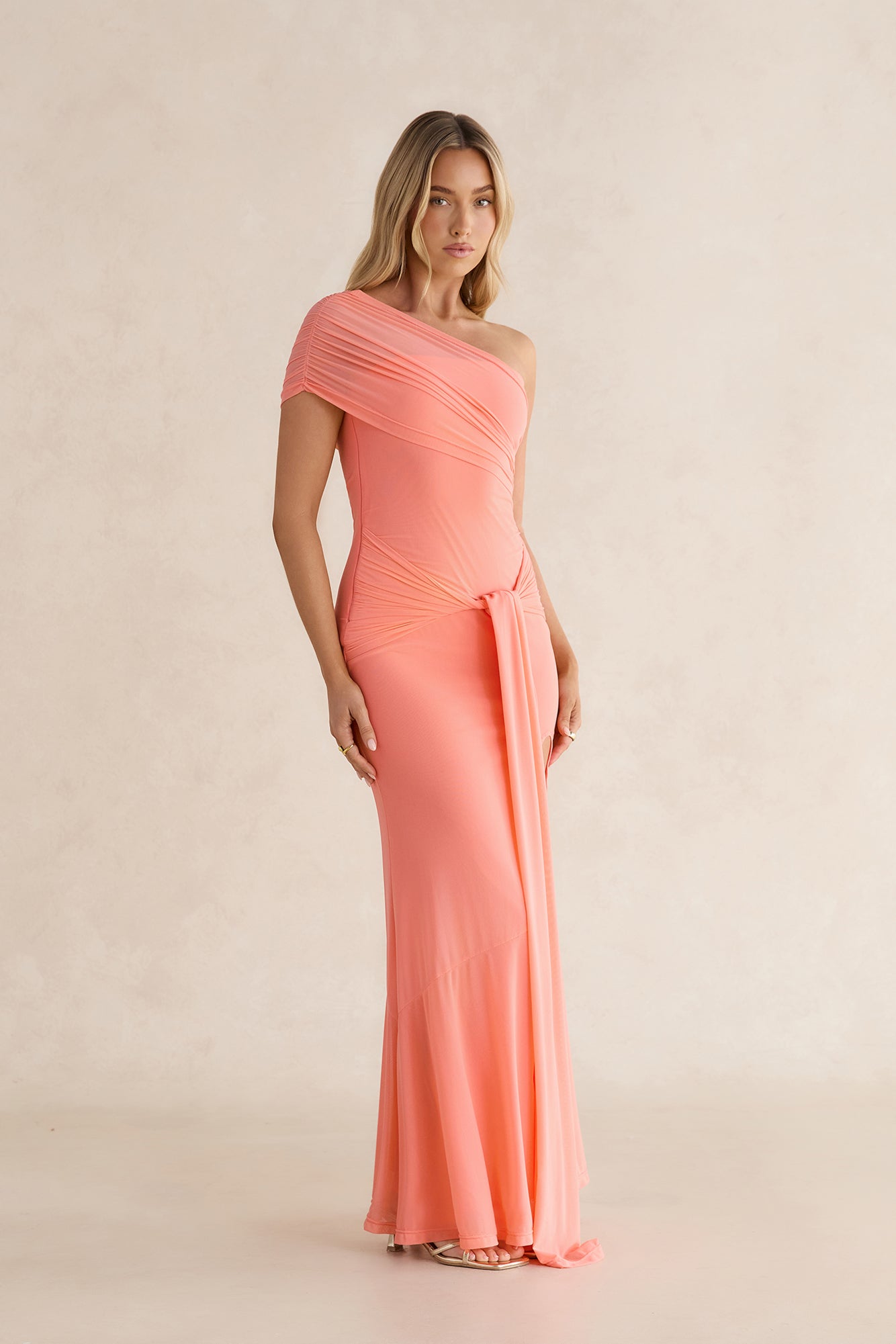 Serenade Me Draped Mesh Maxi Dress Peach