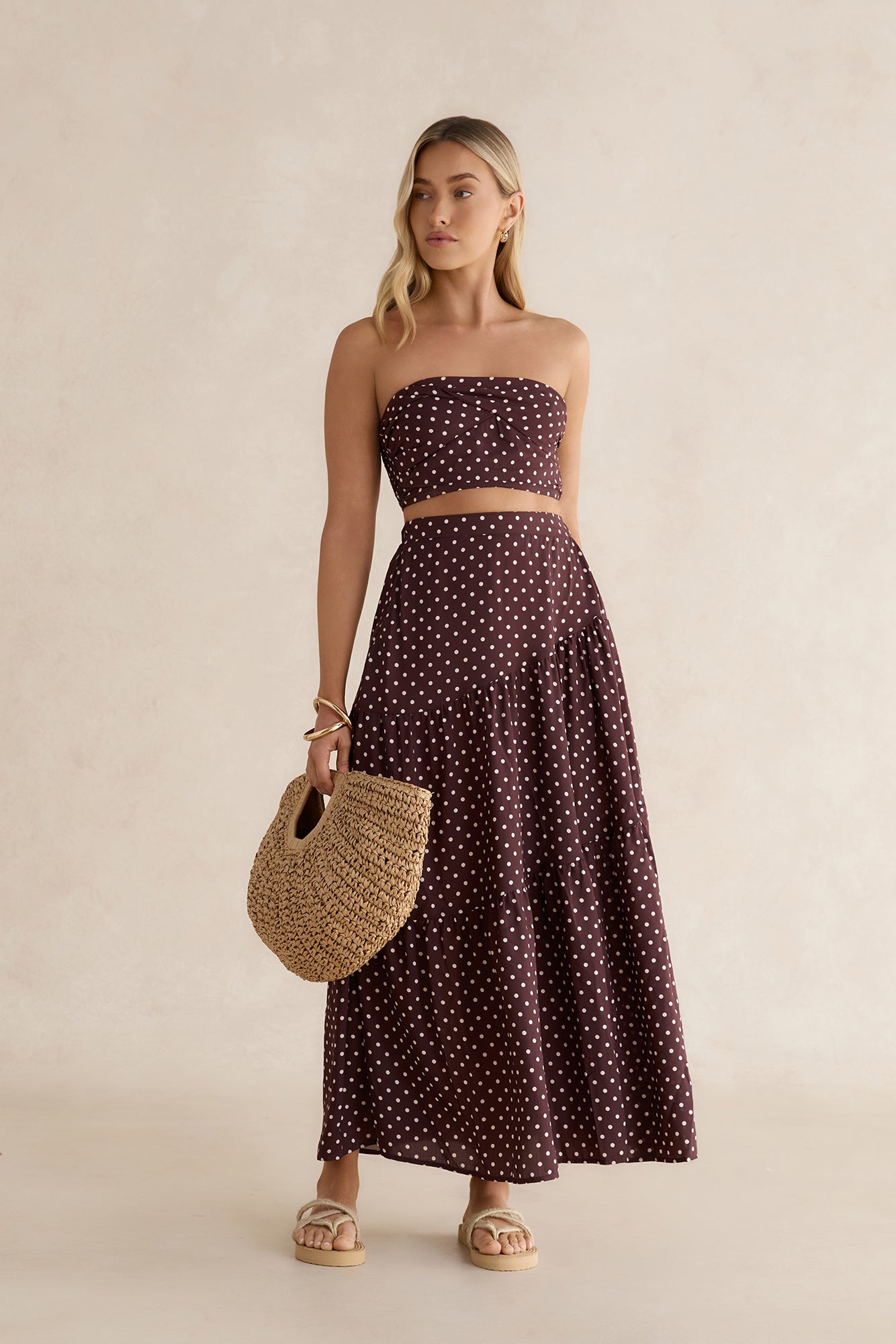 Shimmering Sands Polka Dot Maxi Skirt Brown