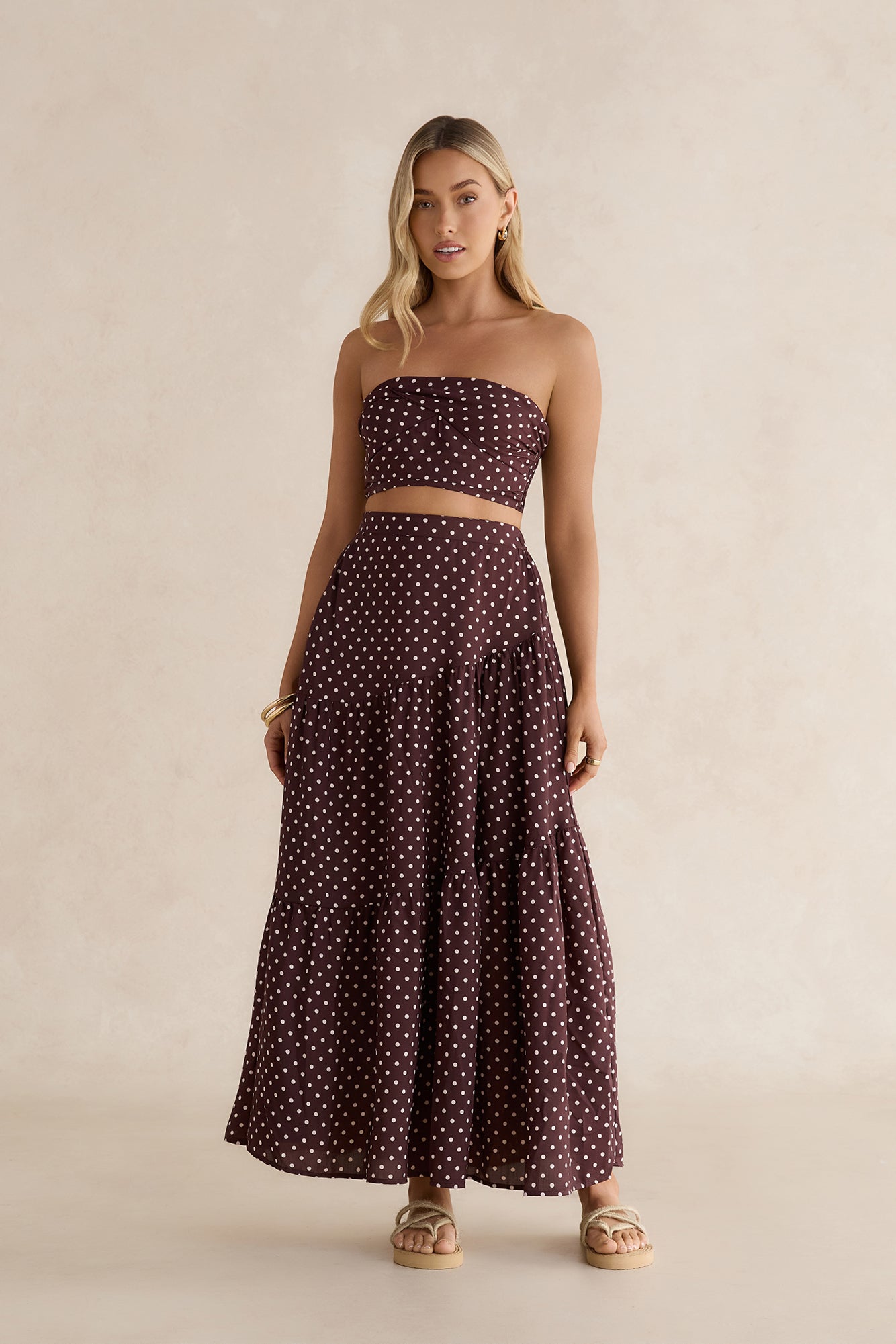 Shimmering Sands Polka Dot Maxi Skirt Brown