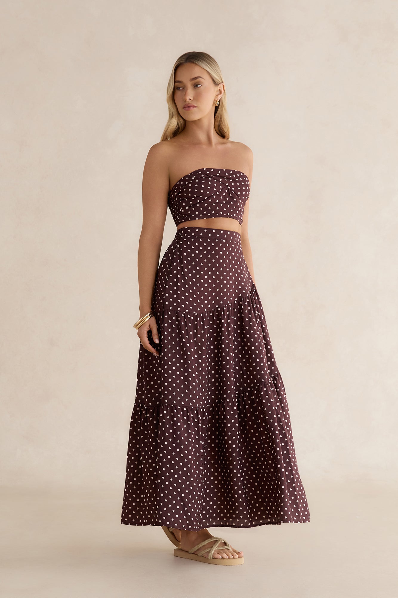 Shimmering Sands Polka Dot Maxi Skirt Brown