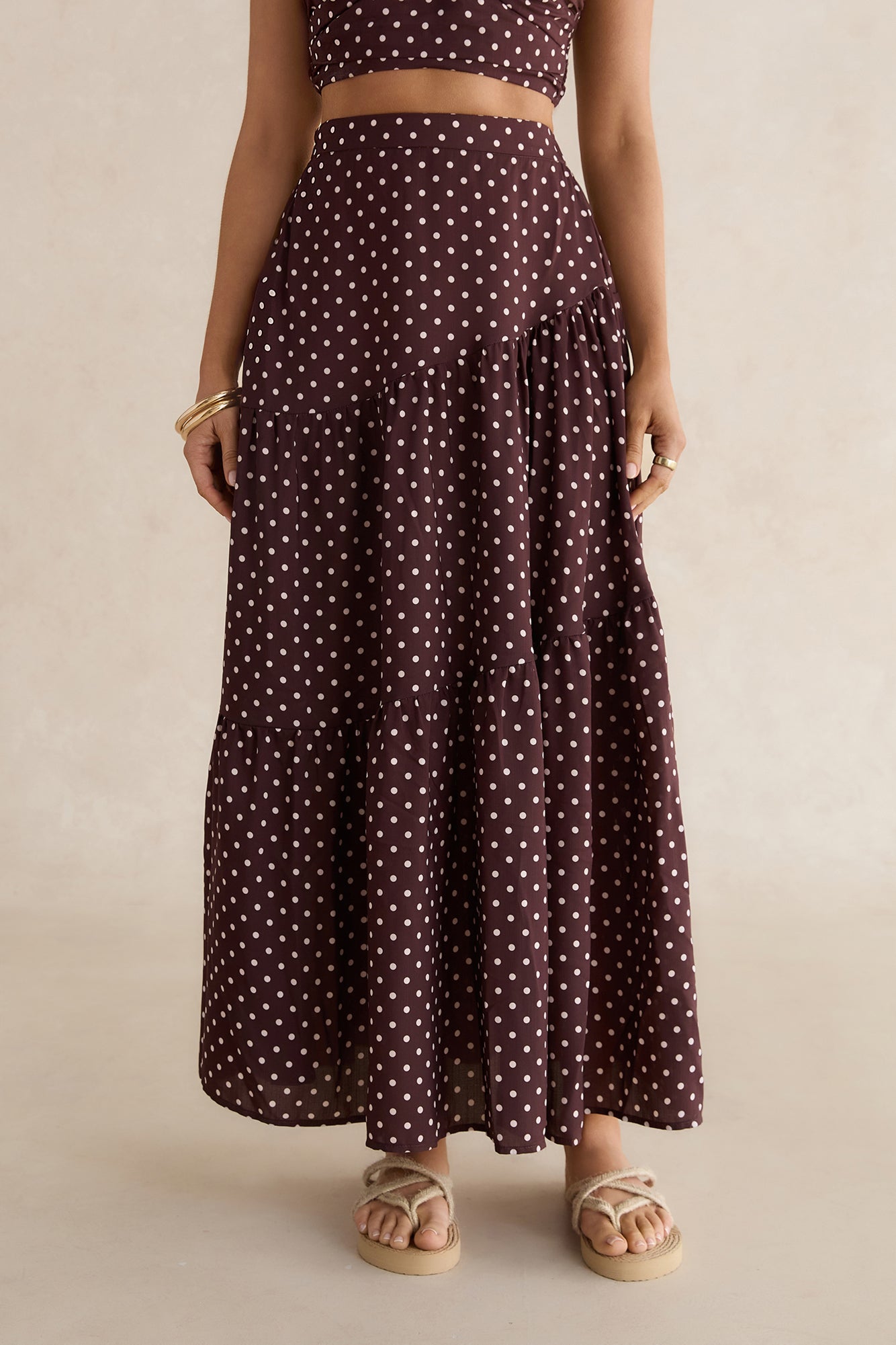 Shimmering Sands Polka Dot Maxi Skirt Brown