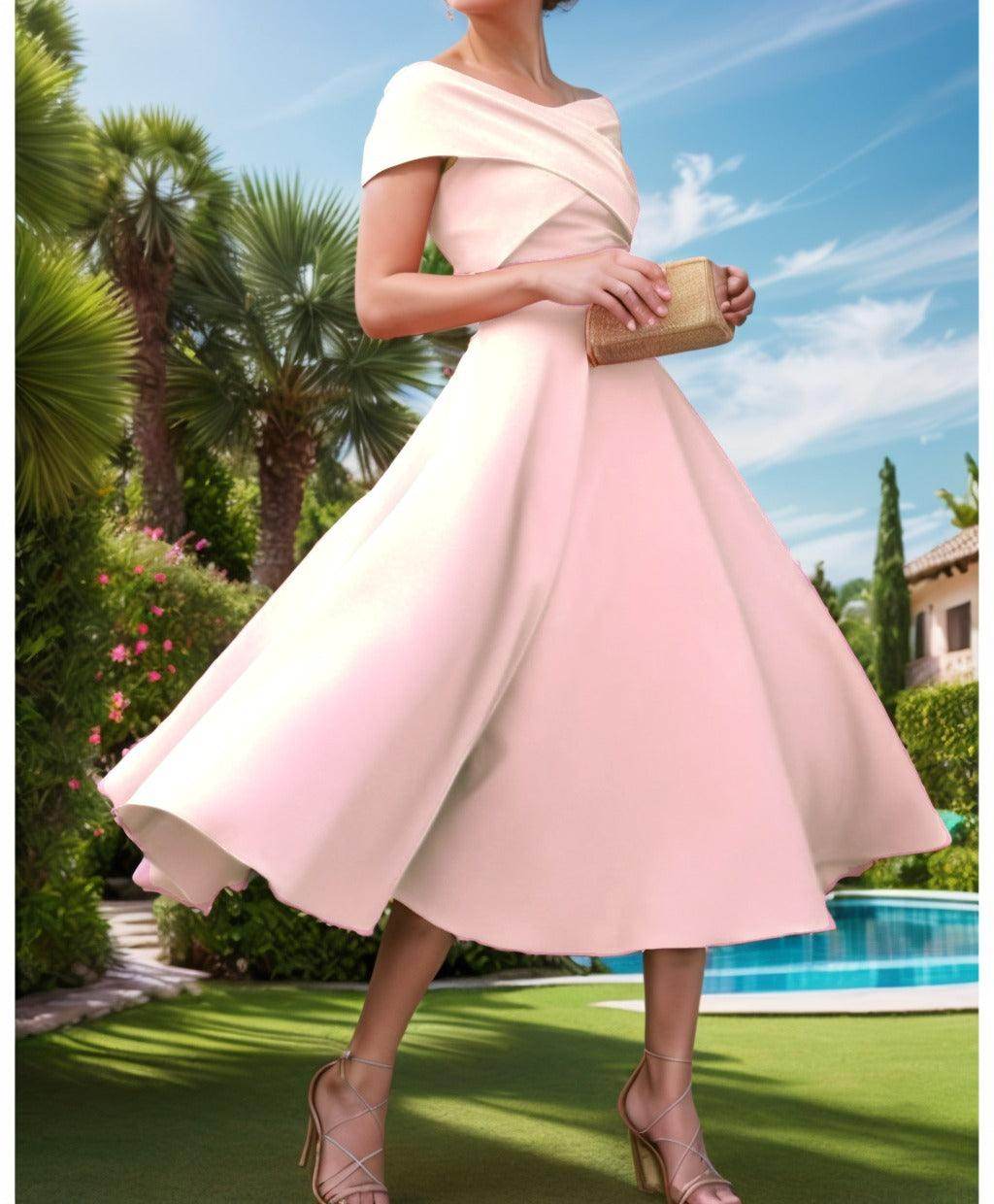 A-Line Tea Length Satin Prom Dress CS0455
