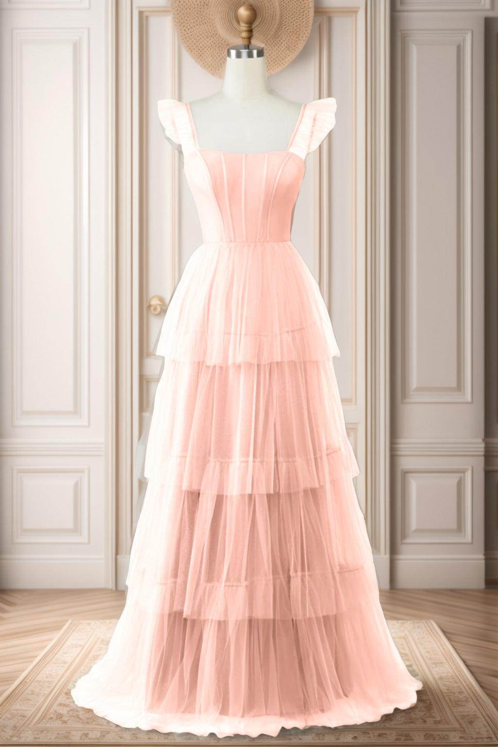 A-Line Sweep-Brush Train Tulle Prom Dress CS0471