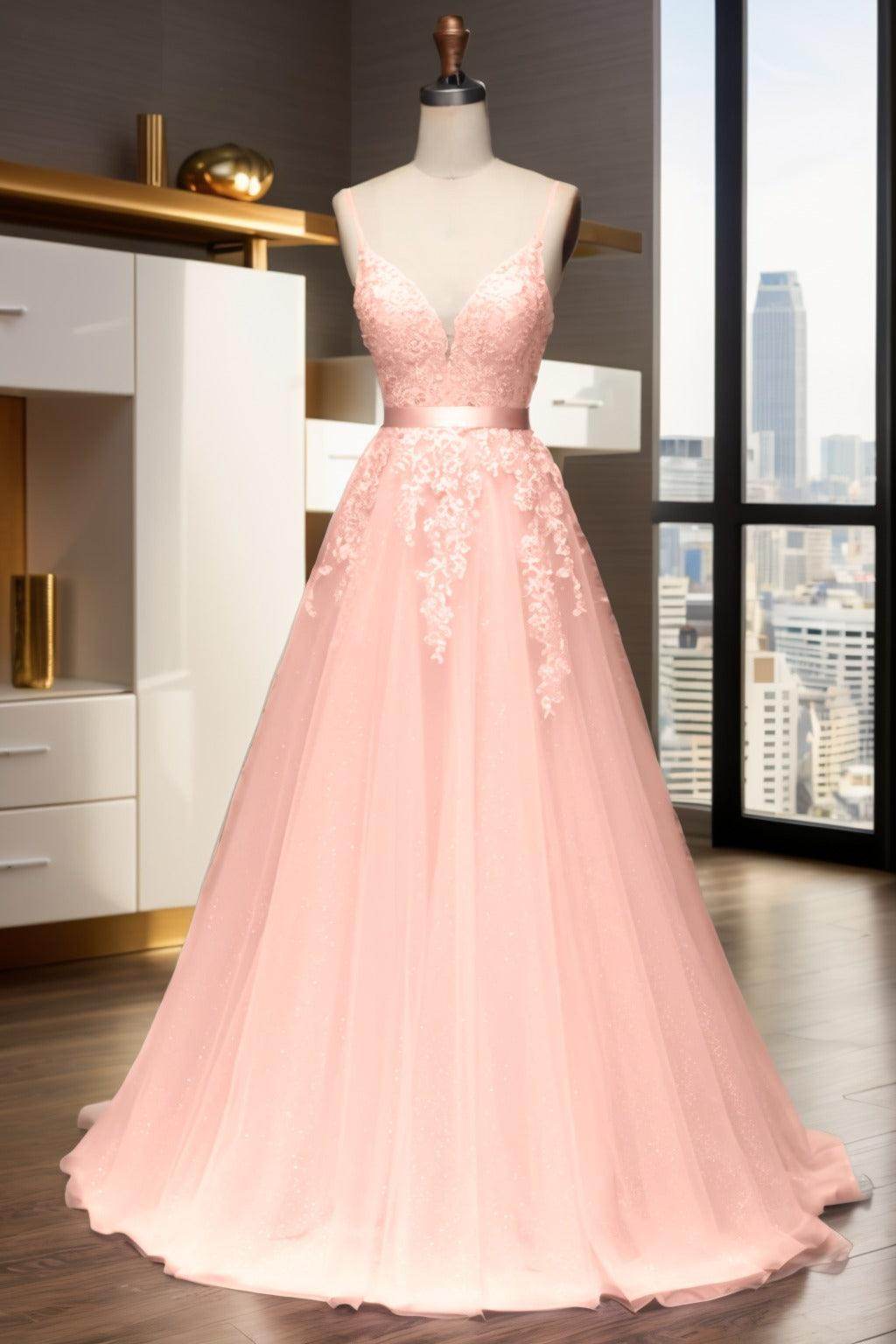 A-Line Sweep-Brush Train Tulle Prom Dress CS0464