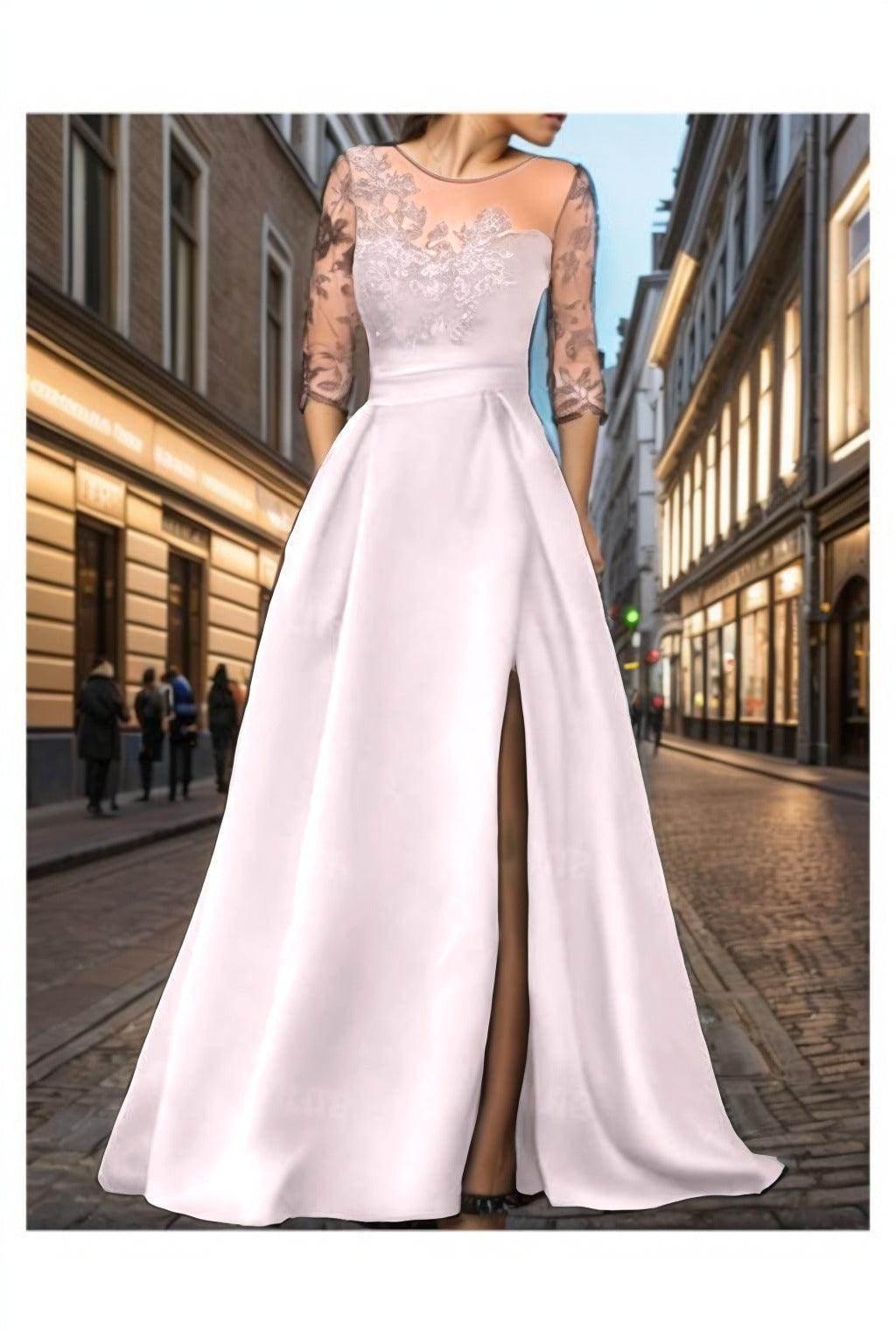 A-Line Sweep-Brush Train Satin Prom Dress CS0456