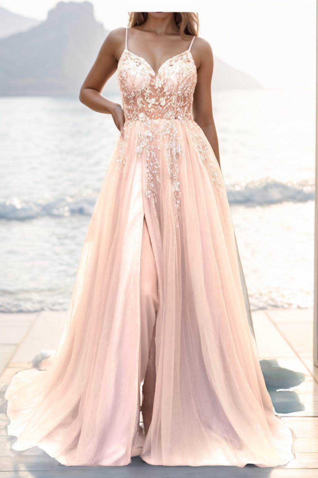 A-line Sweep-Brush Train Tulle Prom Dress CS0402