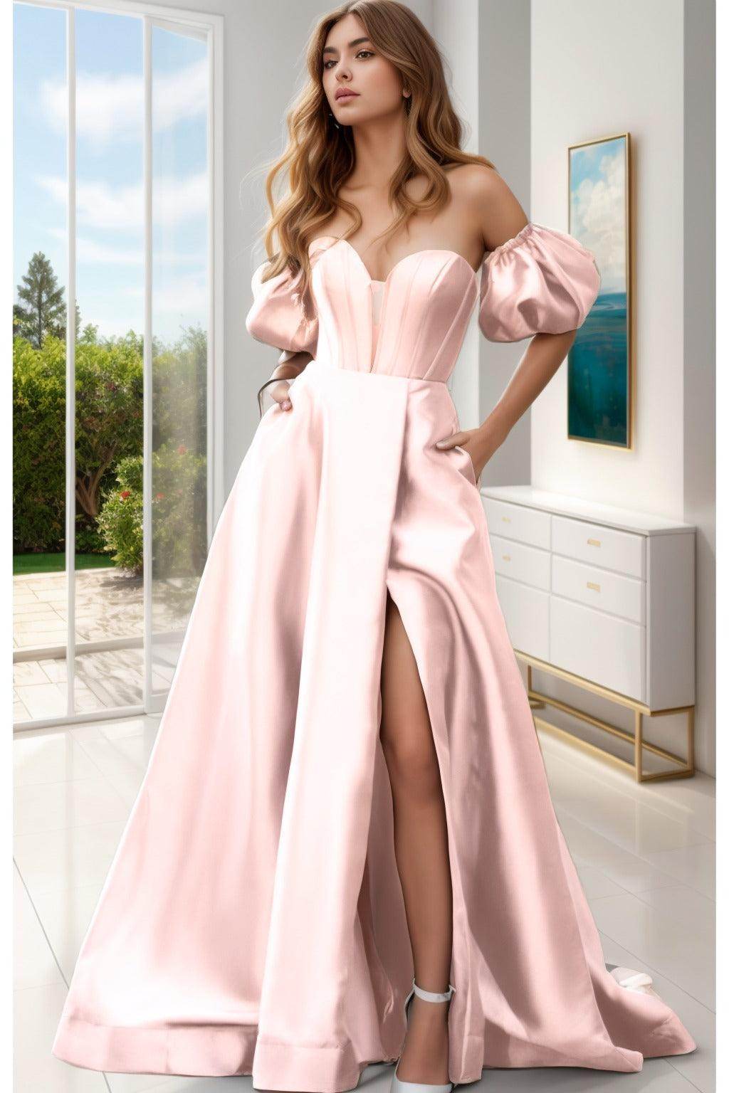 A-Line Sweep-Brush Train Satin Prom Dress CS0448