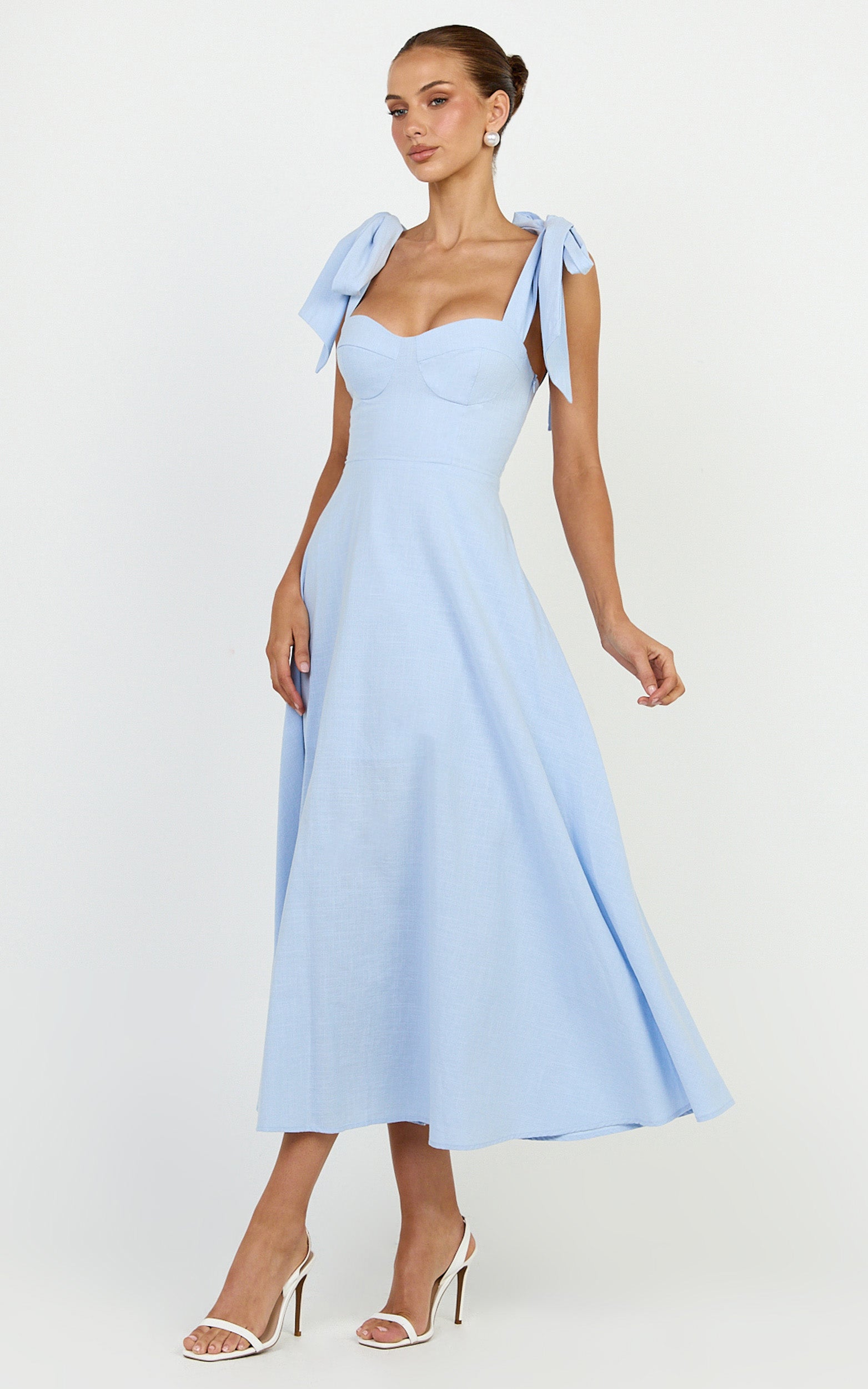 Tymia Midi Dress - Shoulder Tie Bustier Shirred Back A Line in Pastel Blue
