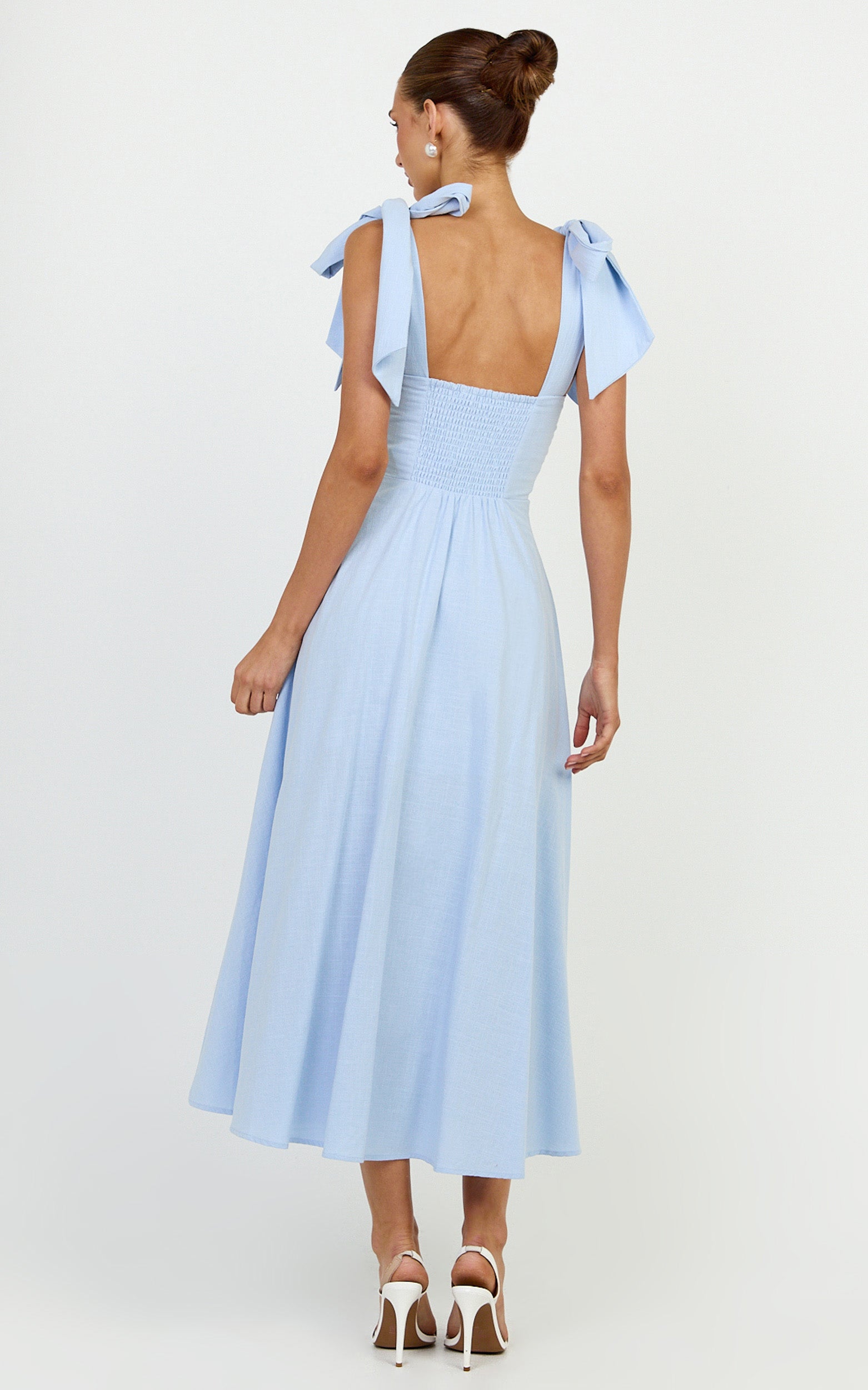 Tymia Midi Dress - Shoulder Tie Bustier Shirred Back A Line in Pastel Blue