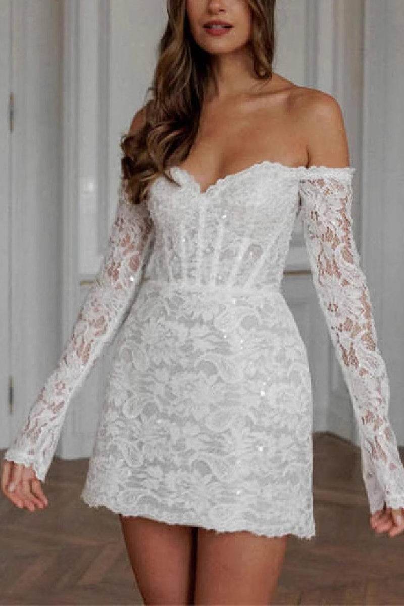 Sheath-Column Short-Mini Lace Little White Dress 100048