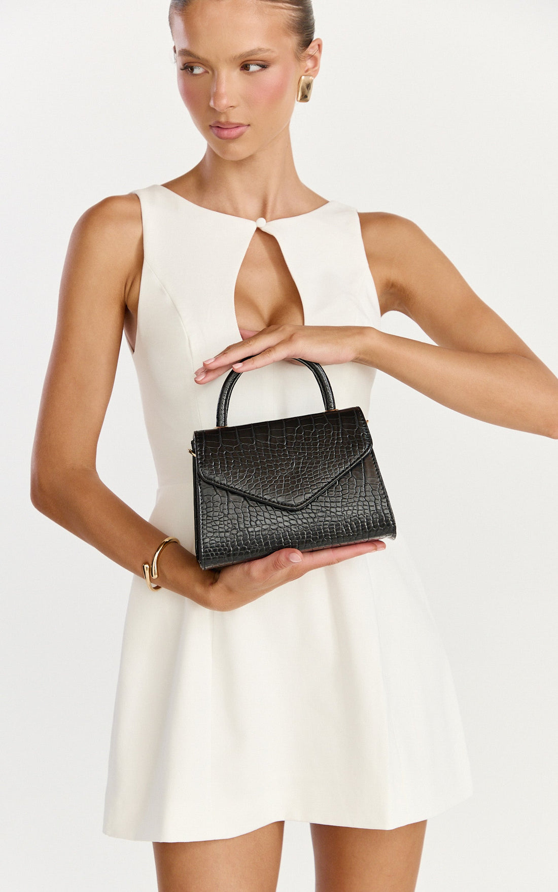 Marilou Bag - Croc Embossed Top Handle Crossbody Bag in Black