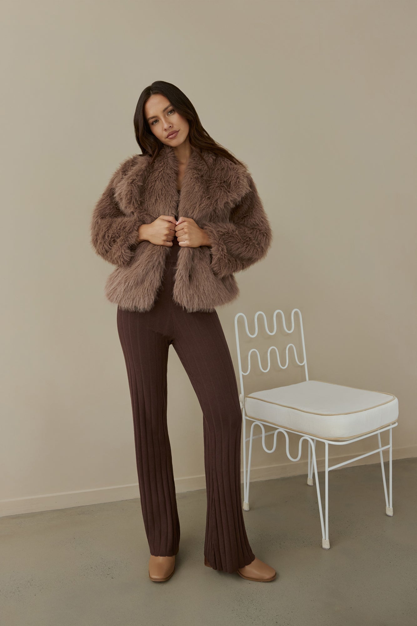 Snowflakes Falling Faux Fur Coat Brown