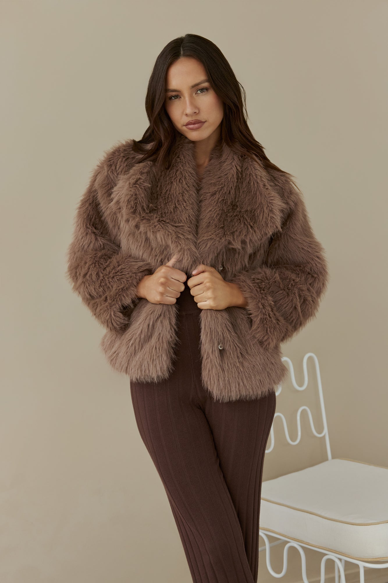 Snowflakes Falling Faux Fur Coat Brown