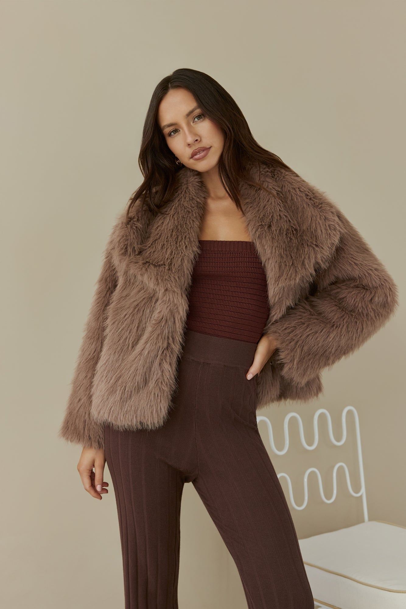 Snowflakes Falling Faux Fur Coat Brown