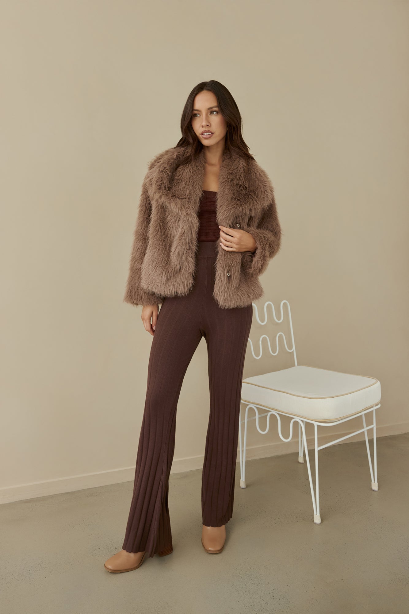 Snowflakes Falling Faux Fur Coat Brown
