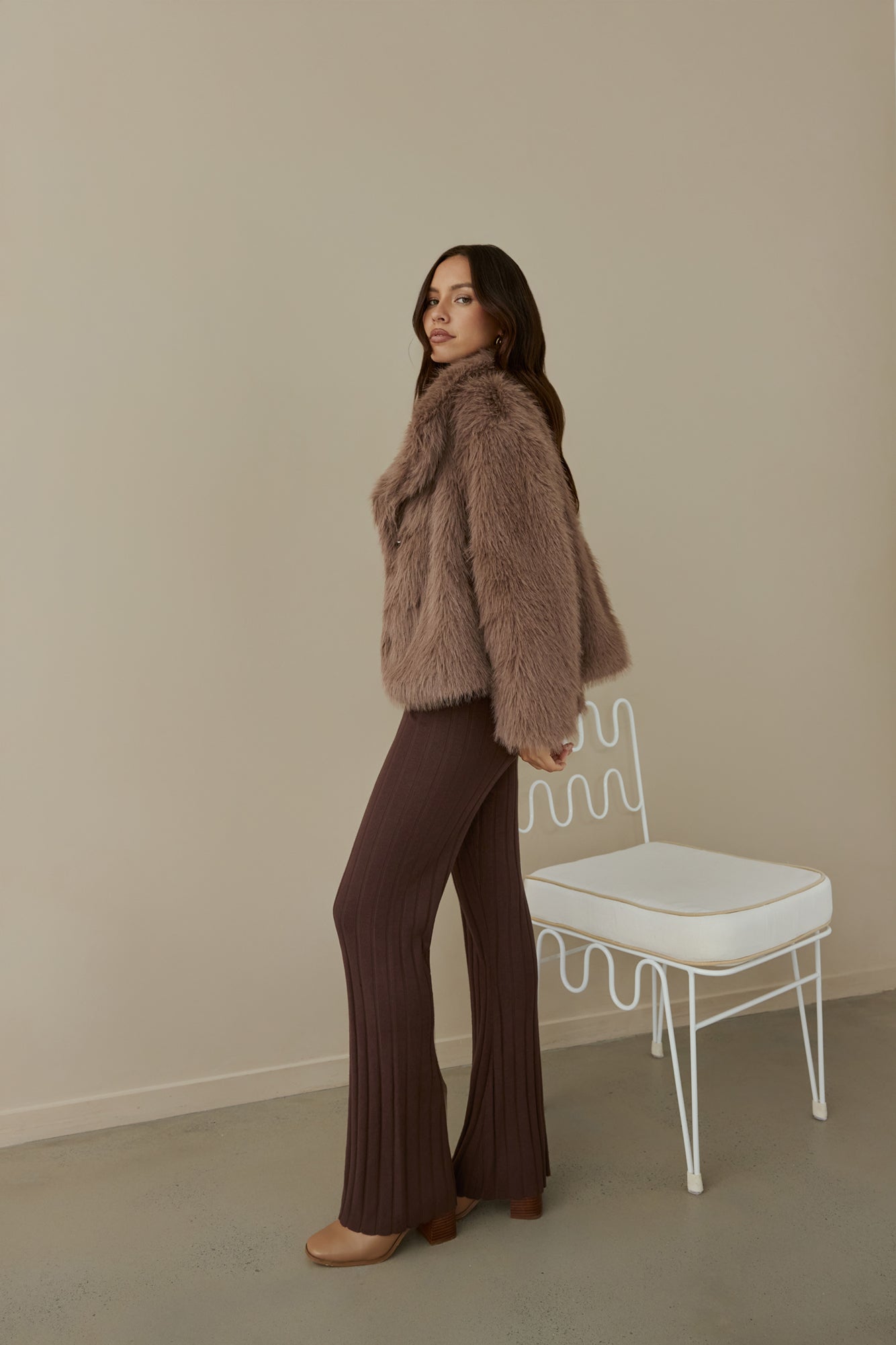 Snowflakes Falling Faux Fur Coat Brown