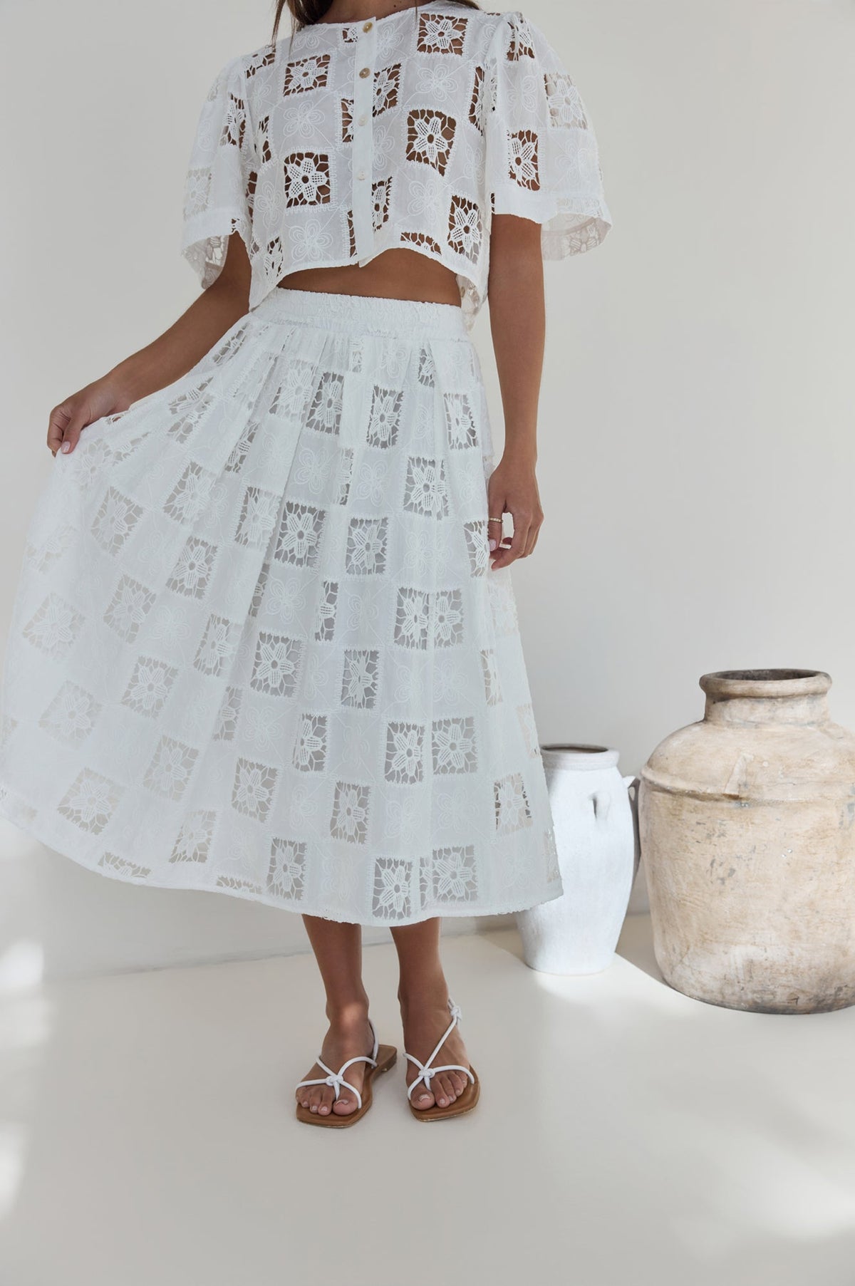 Andolina Crochet Lace Midi Skirt White