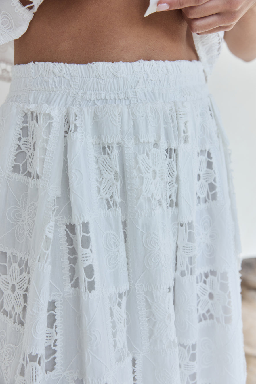 Andolina Crochet Lace Midi Skirt White