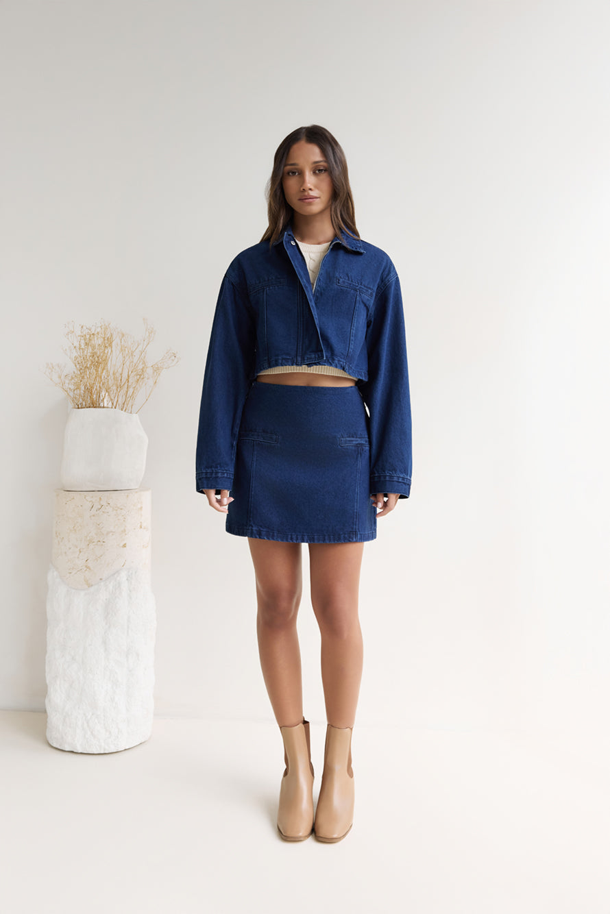 Coffee Dates Cropped Denim Jacket Blue