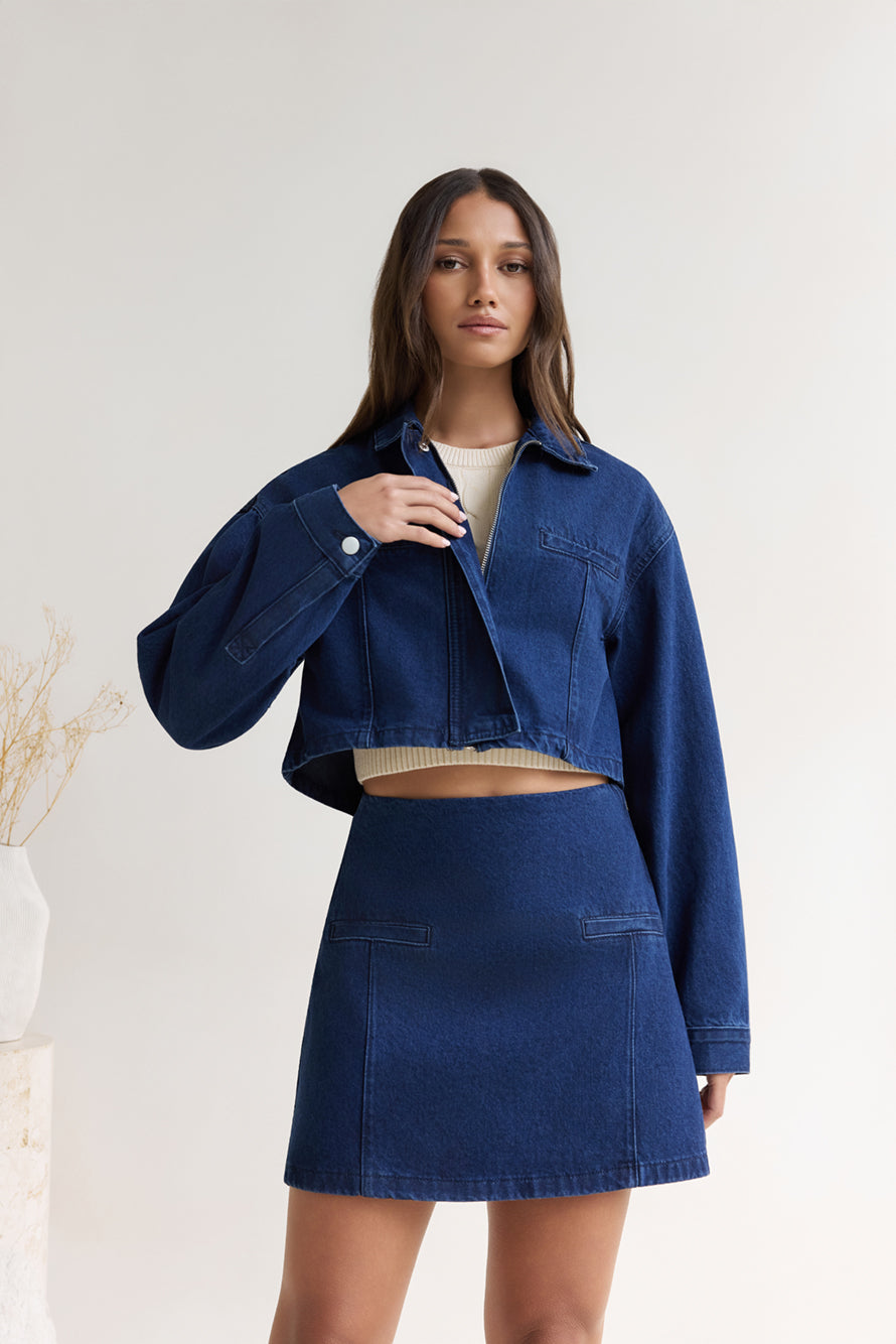Coffee Dates Cropped Denim Jacket Blue