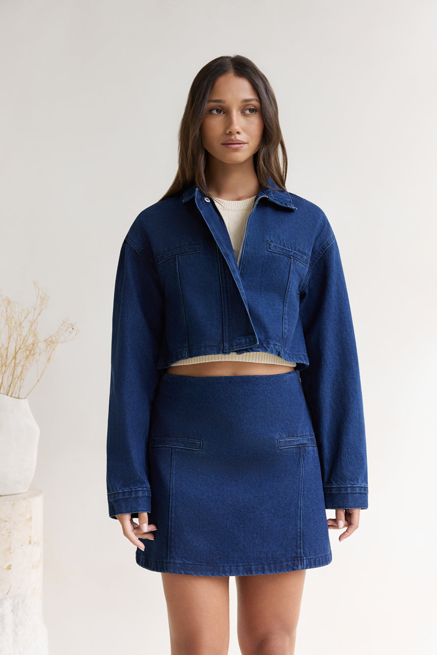 Coffee Dates Cropped Denim Jacket Blue