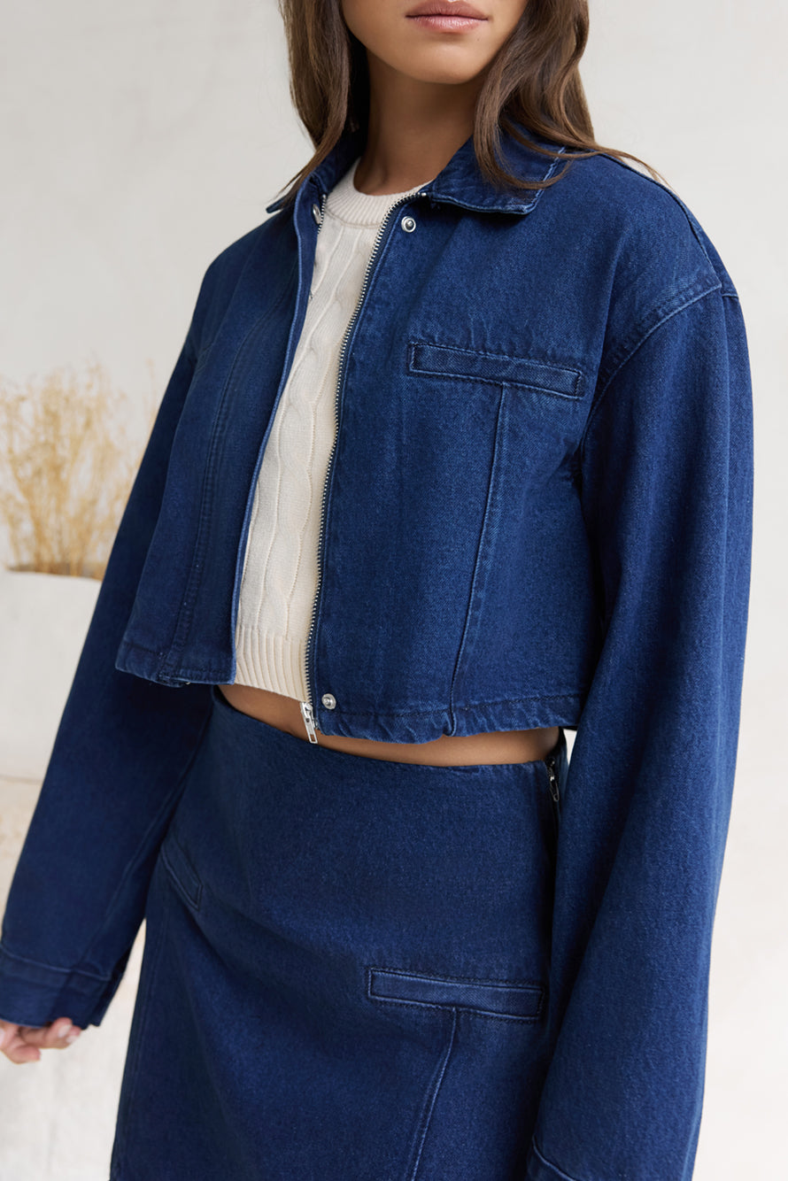 Coffee Dates Cropped Denim Jacket Blue