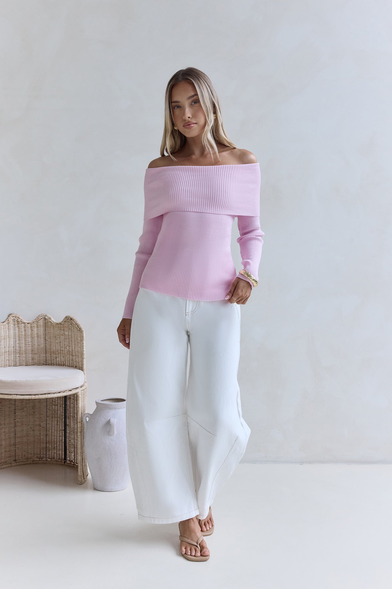 Dreamwave Off Shoulder Knit Top Pink